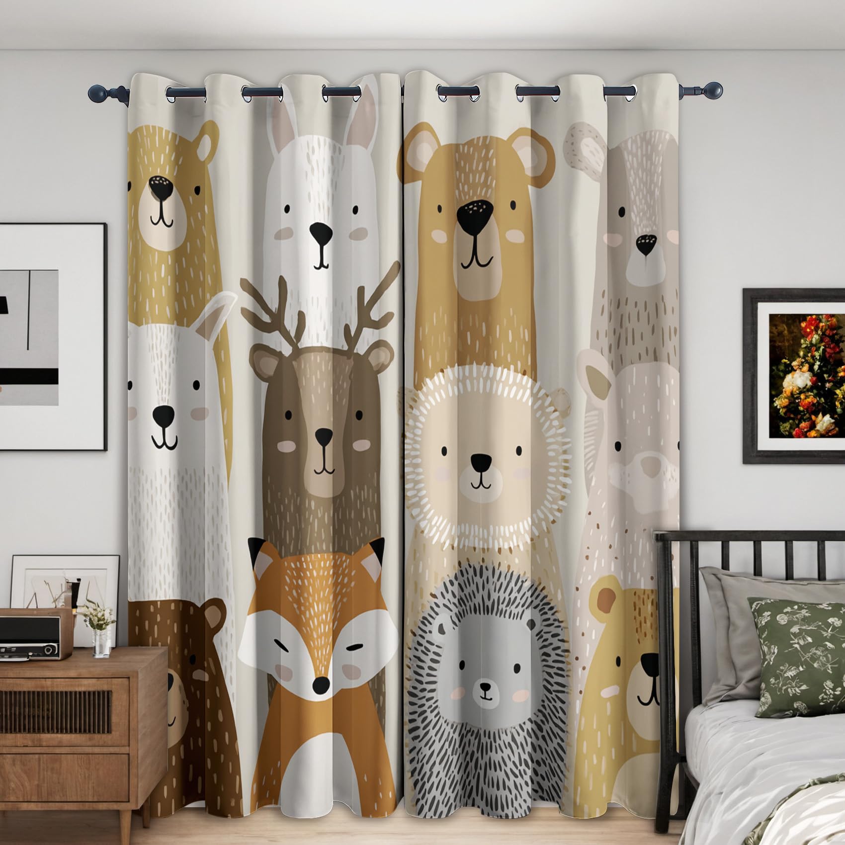 Generisch Cartoon Süße Tiere Vorhänge Blickdicht Gardinen mit Ösen, Kinder Waldtier Deko Muster Wohnzimmer Schlafzimmer Fenster Verdunklungsvorhänge, H 160 x B 140 cm 2er Set (1a5-111)
