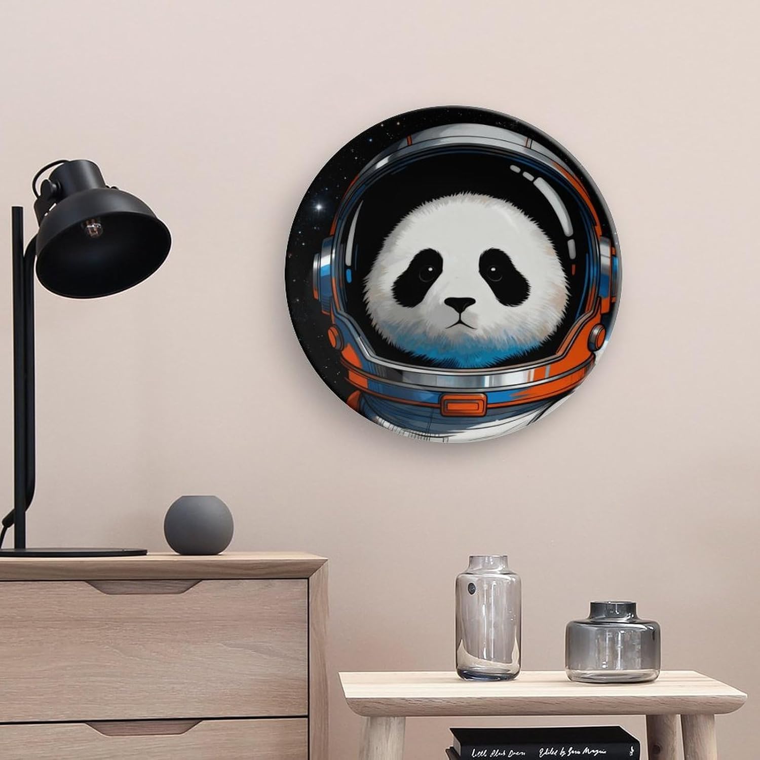 Space Astronaut Panda Ceramic Decorative Plate 10inch Bone China Wall Hanging Ornament Plates Bohemian Style Dinner Plate with Stand Cabinet Display Plates for Home Art Decor