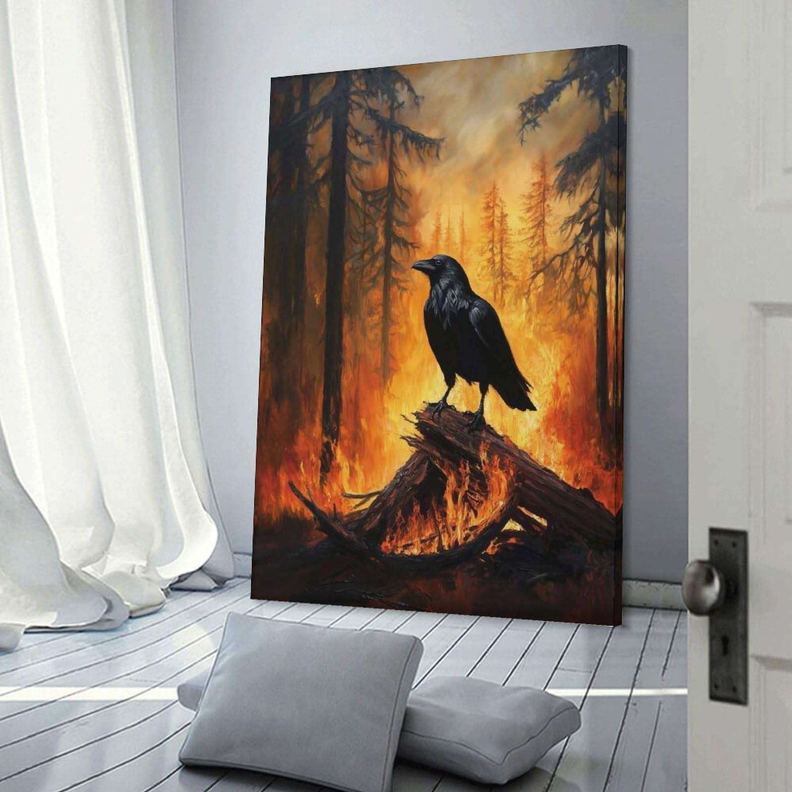 Junmoney Frame-Style-9 Raven In Fire Decorative Wall Artwork 24X36inch(60X90cm), For New Homes, Bedrooms Or Workspaces, A Wall Art Gift For Fresh Interiors