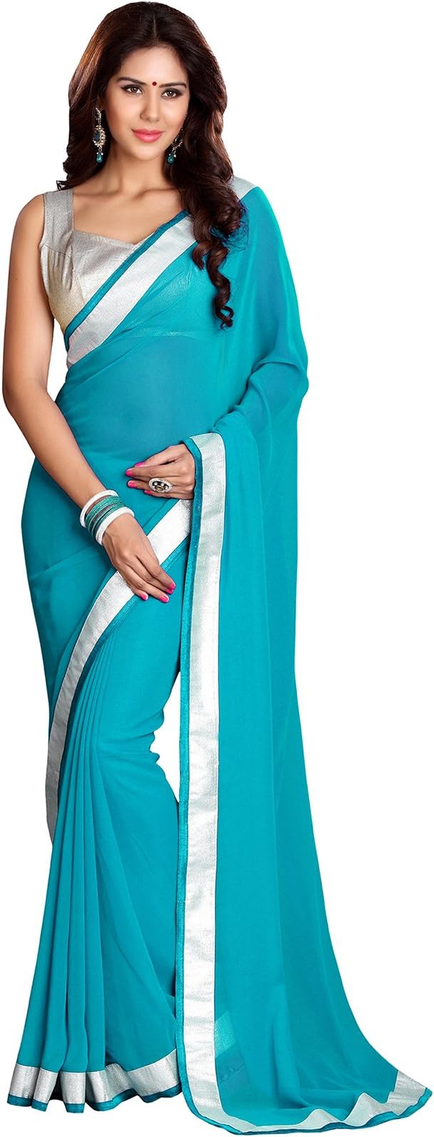 Women's Designer Lace Traditional Indian Bollywood Designer Saree (Turquoise-Free Size)