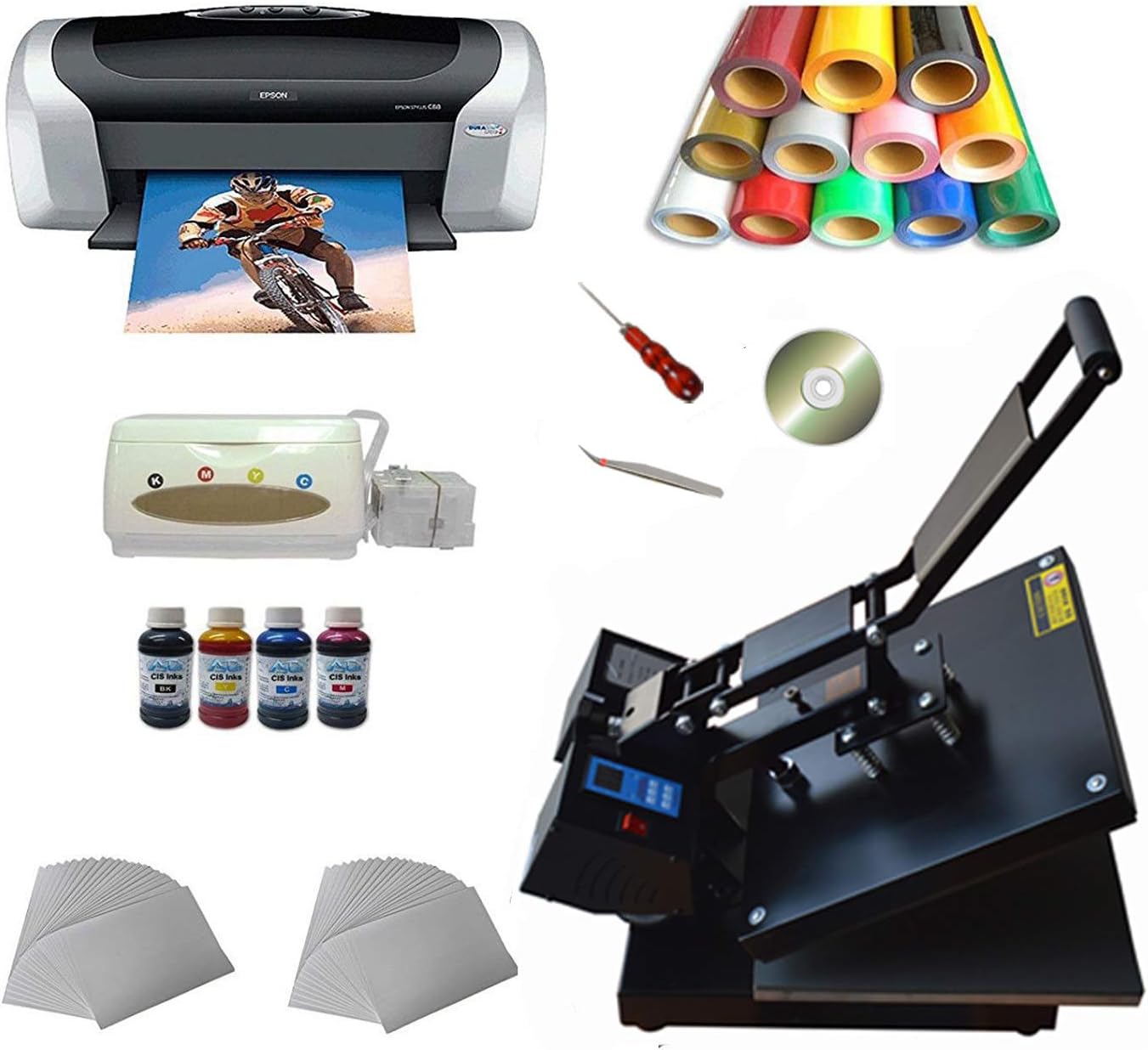 Heat press machine +transfer paper +transfer PU vinyl +Printer + Business Kit