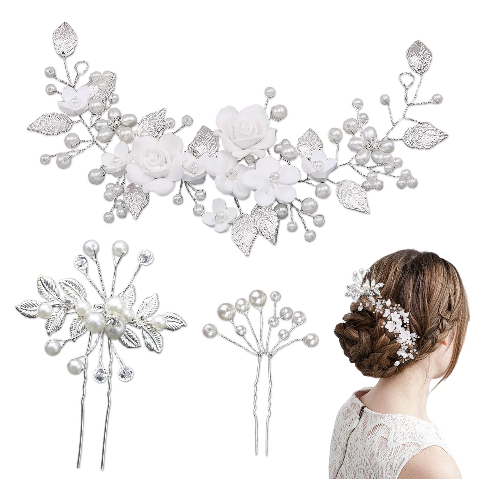 Accessori Capelli Comunione Bambina Set 3 Pezzi – Fermagli Eleganti con Fiori per Cerimonia – Stile U Flessibile – 25 cm – Colore Argento con Perle