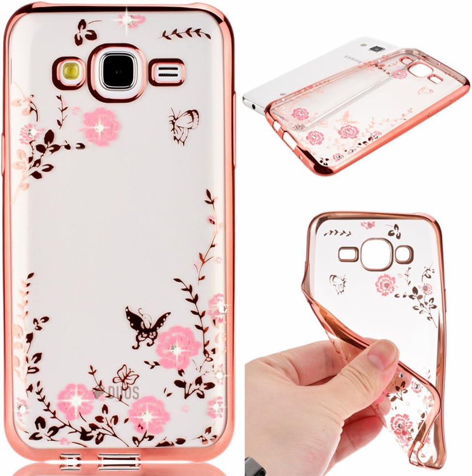 Galaxy Core Prime / G360 Case, Happy360 Shockproof Transparent Flowers Crystal Bumper Silicone TPU Gel Clear Bling Protective Rubber Soft Back Case Cover for Samsung Galaxy Core Prime G360, Rose Gold Pink