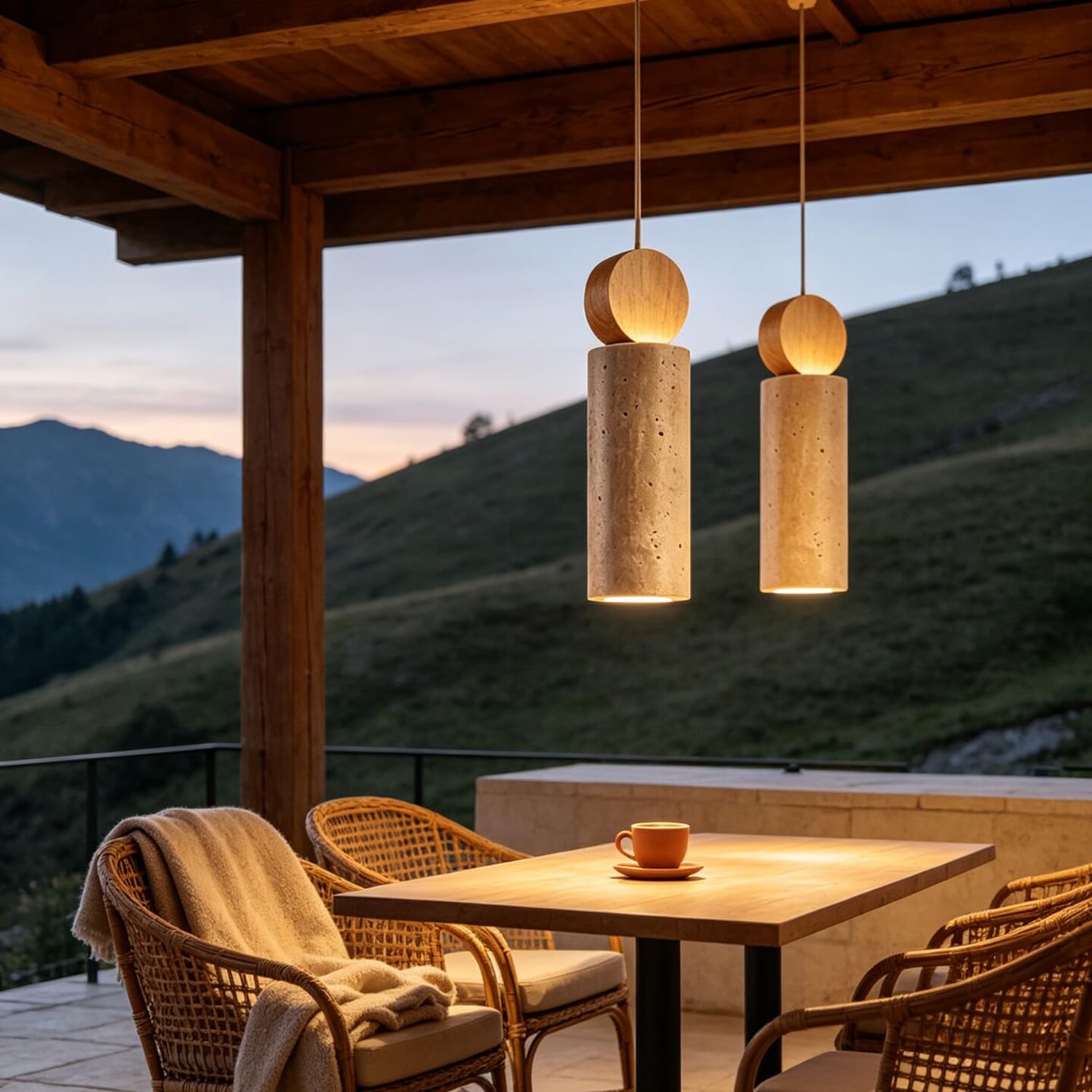 Lampada a sospensione in travertino naturale con base cilindrica