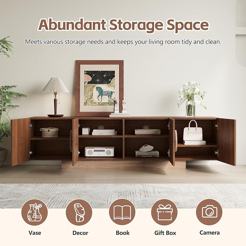 70.87 " Mid Century Modern TV Stand, Wood TV Consoles with Wooden Roud Pull and Adjustable Shelves, Entertainment Center with Sturdy Wooden Base, Two Tone Design Media Console for Living Room, Walnut image 3