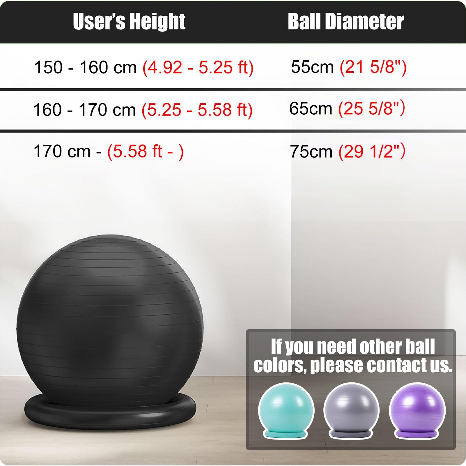 Chaise Ballon Chaise de Bureau de Boule de Yoga avec La Base D'anneau, Chaise Ergonomique avec Ballon D'exercice pour Bureau avec Pompe à Air, Chaise de Fitness Anti-éclatement avec Ballon ( Size : 65