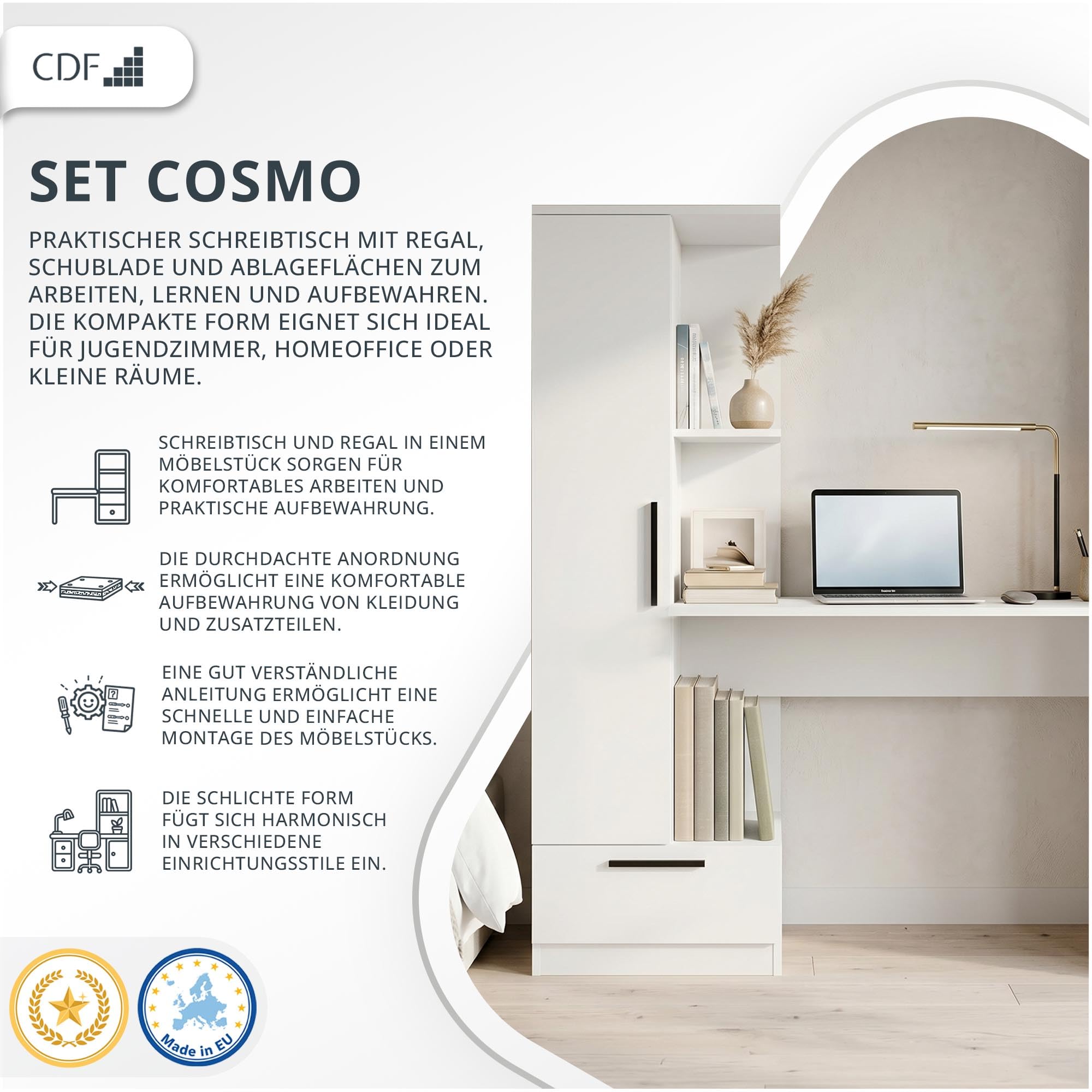 CDF Schreibtisch mit Regal Schublade 140cm 3 Einlegeböden Computertisch | Home Office Bürotisch Ergonomisch Arbeitstisch Jugendzimmer Schlafzimmer Kinderzimmer Rollschienen Weiß Spanplatte