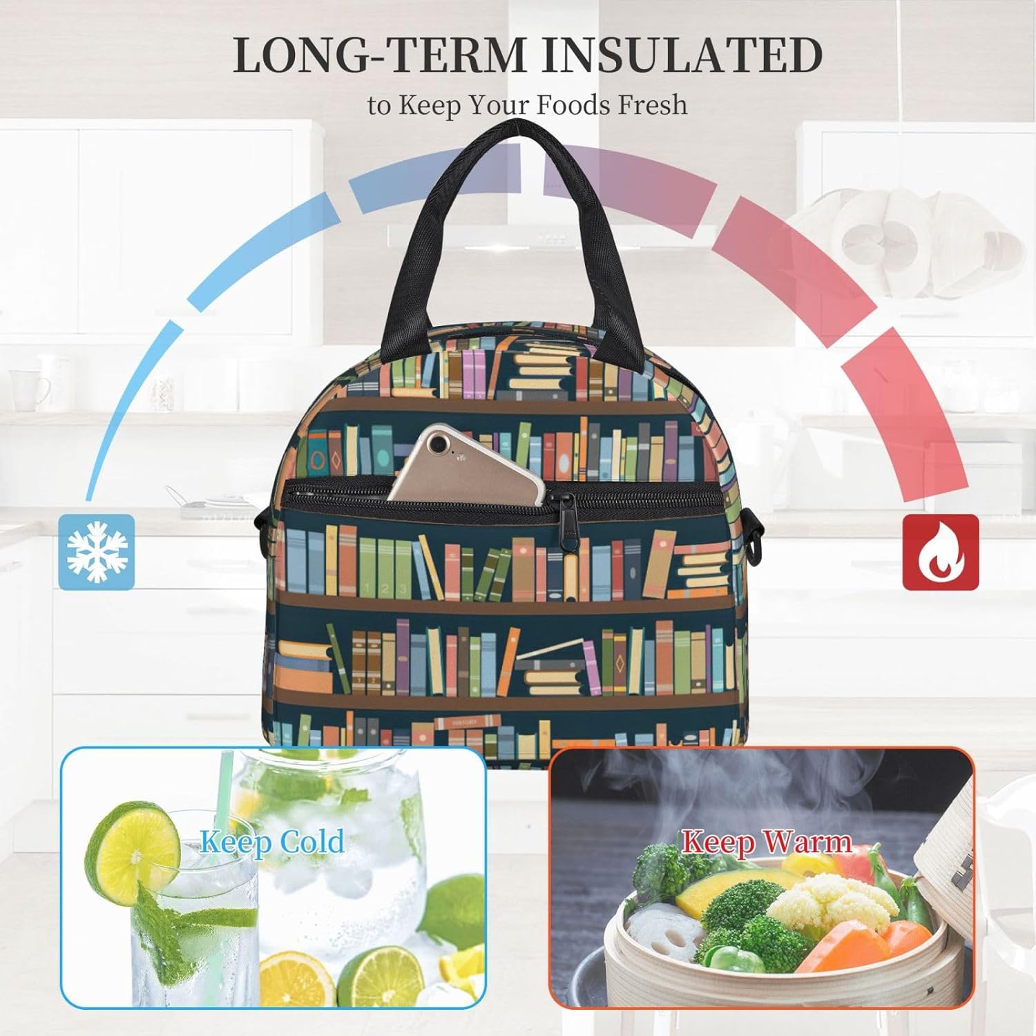 Cartoon Bookshelf Bookworm Print Crossbody Insulated Lunch Bags For Women Men Cooler Bag Lightweight Waterproof Lunch Box