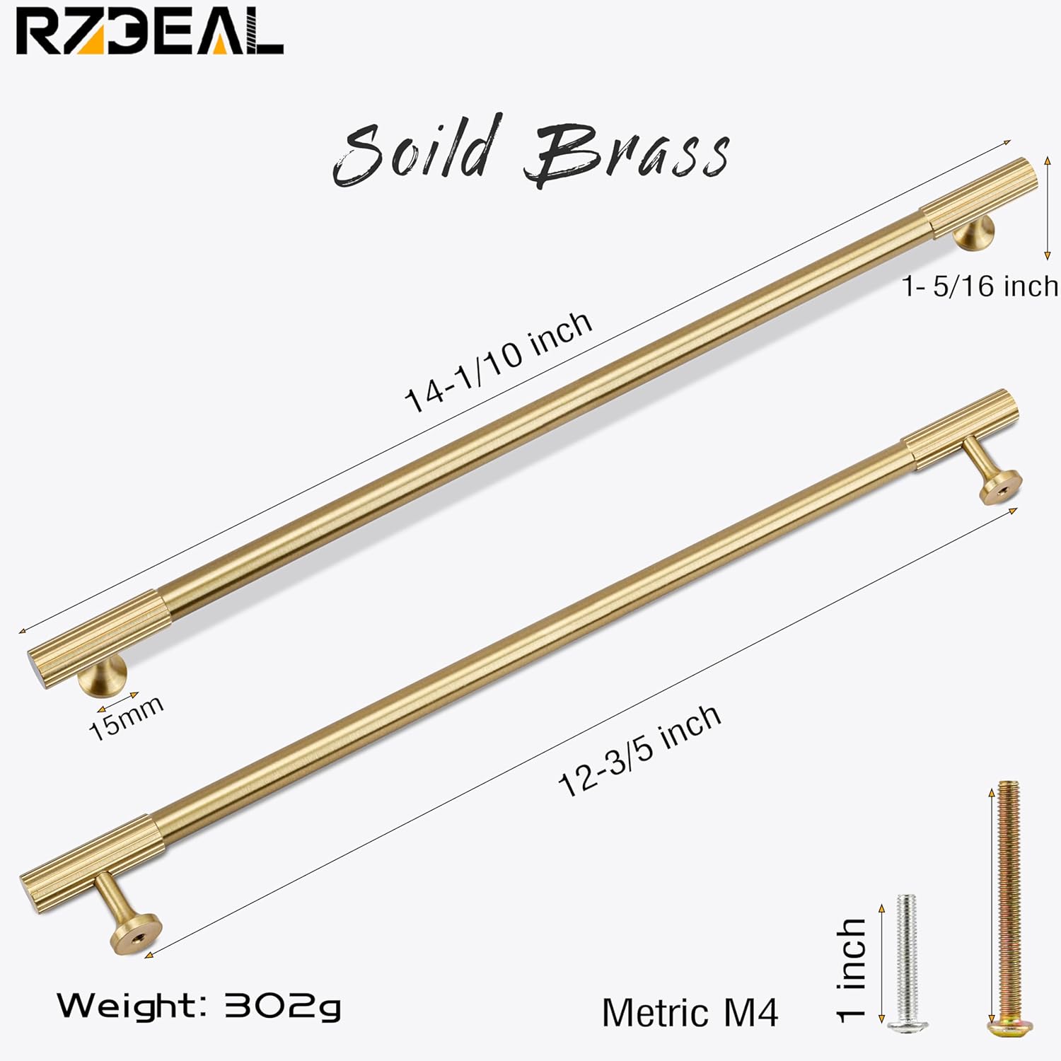 RZDEAL 2pcs Solid Brass Gold Cabinet Pulls, 12-3/5Inch Hole Centers for Kitchen Cupboard Handles Modern Drawer Dresser Pulls Bathroom Brushed Brass Cabinet Pulls Wardrobe Door Handles