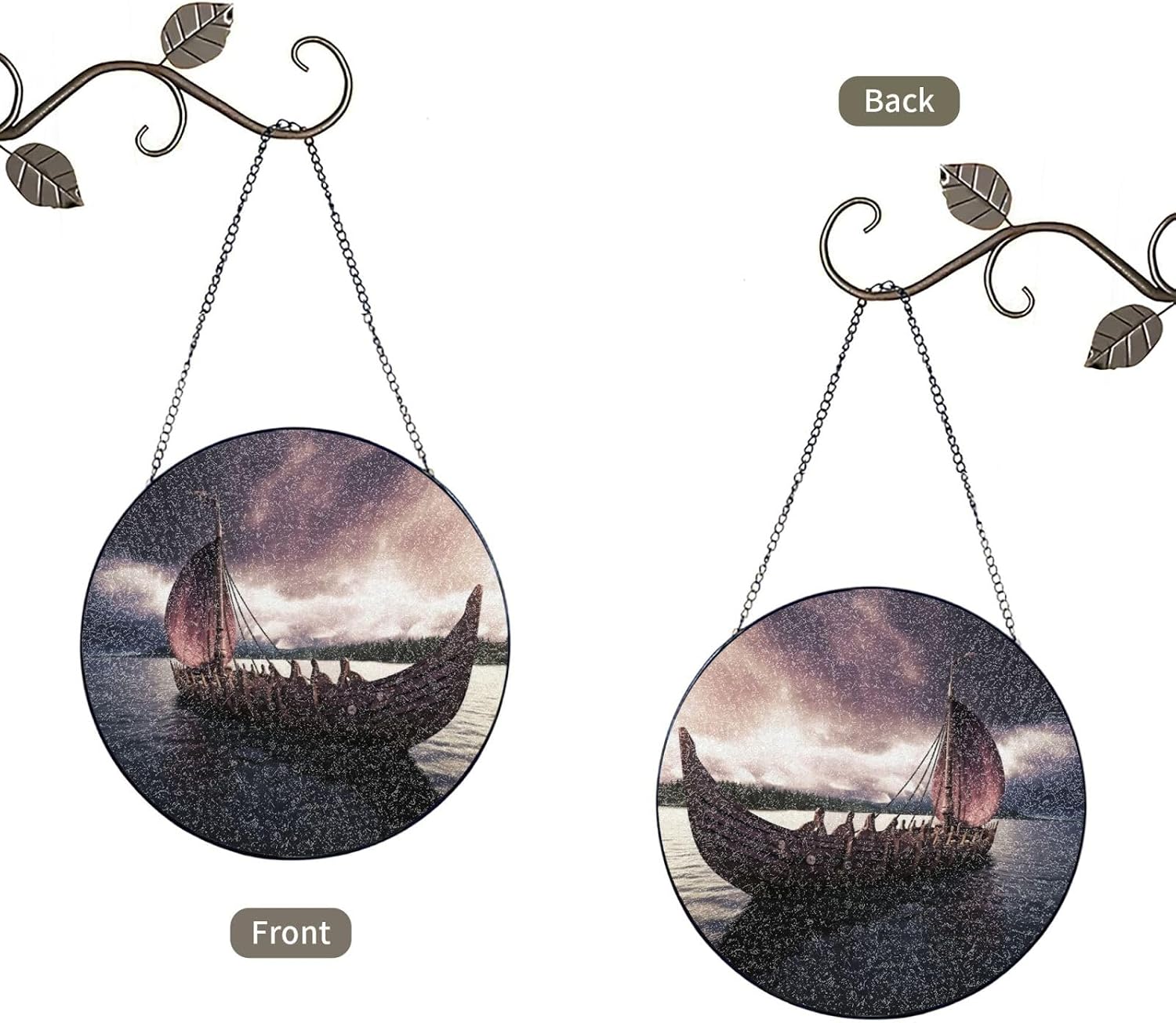 Stained Glass Window Hanging 6in（15cm）, Vikings Boat Sun Catchers Indoor Window, Stained Glass Suncatcher Ornament with Metal Chain, Wall Art Home Decor Gift for Women Mother's Day