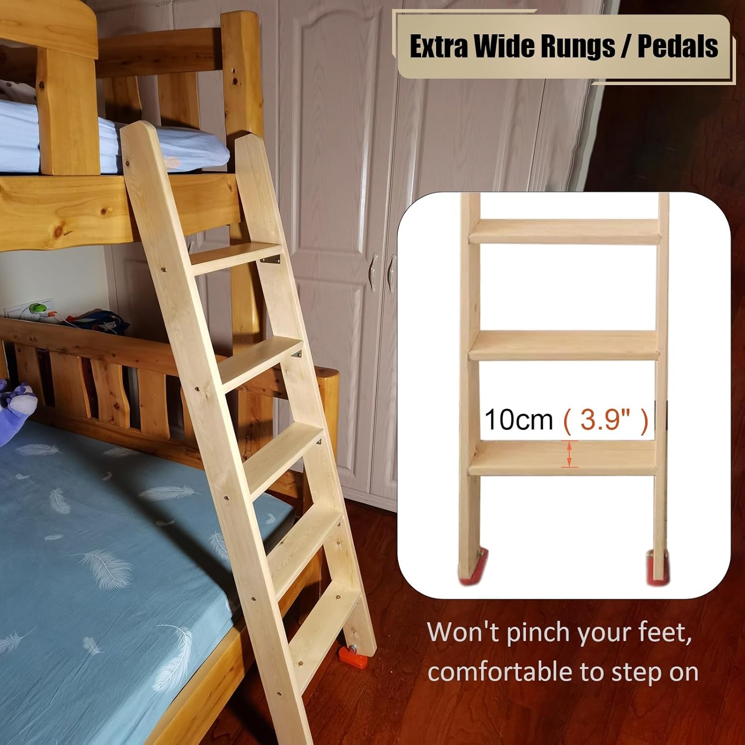Wood Bunk Ladder with 10cm Wide Rungs & Hook Brackets & Anti-Slip Foot Pads, Replacement Loft Bed Ladder Only, Camper Dorm Raised Bed Ladder, Kids Bedroom Bookstore