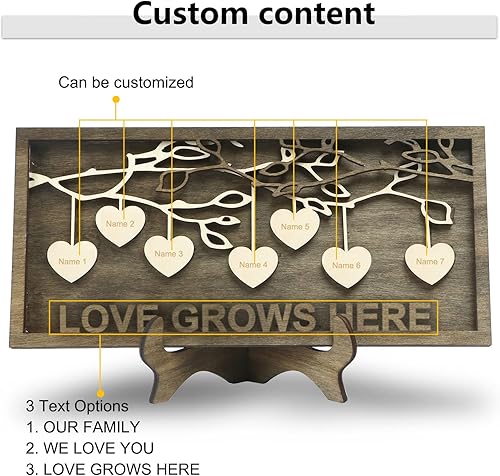 Vista 154 de Árbol genealógico con etiqueta de corazón, placas de madera grabadas personalizadas, regalos personalizados para madres, padres, escritorio, nombres