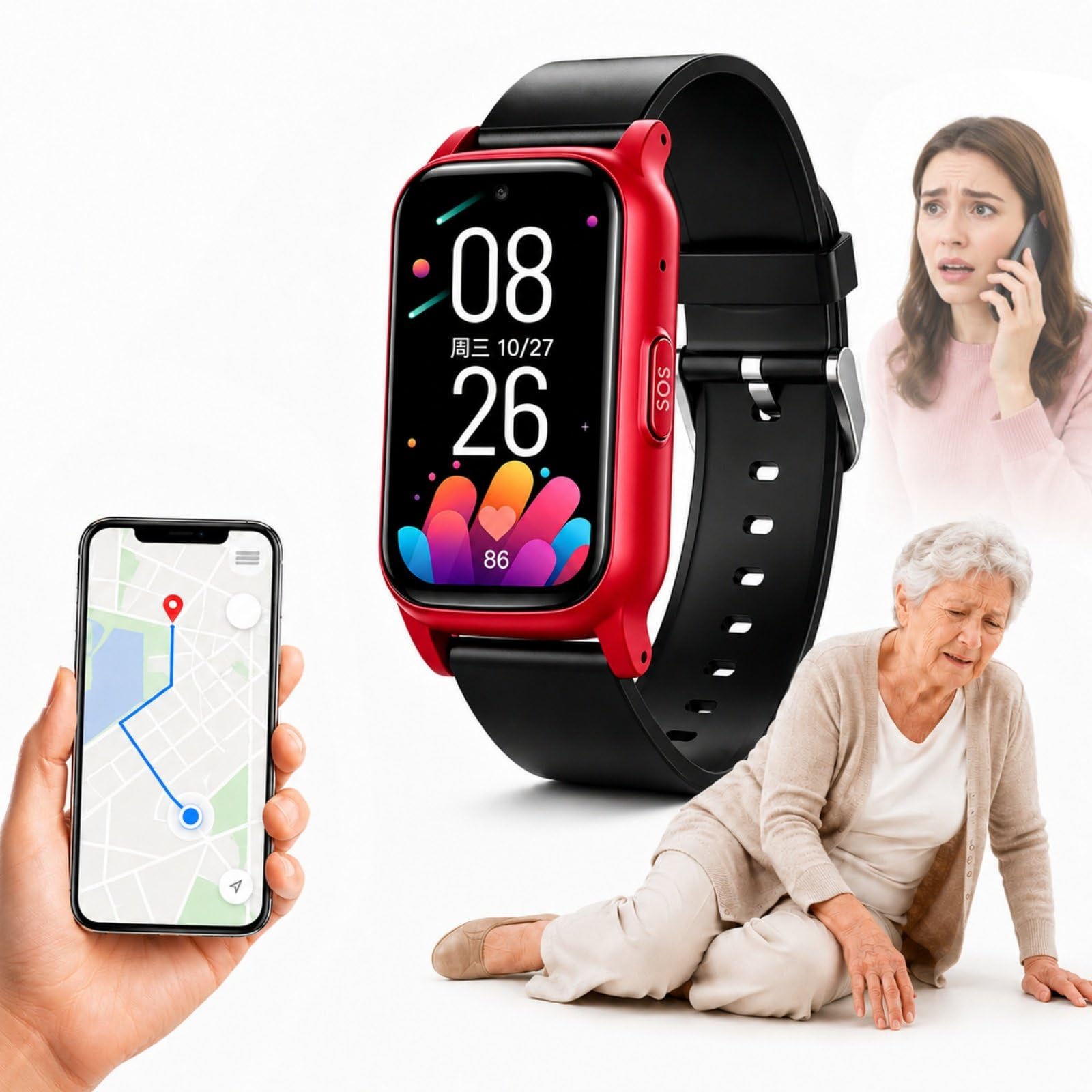 HCAUYNN Senior Watch Phone with GPS Location, Emergency SOS Button, Fall Alert, 4G SIM Card, Two-Way Voice Call, Video Call, Reminder Watch for Elderly Red