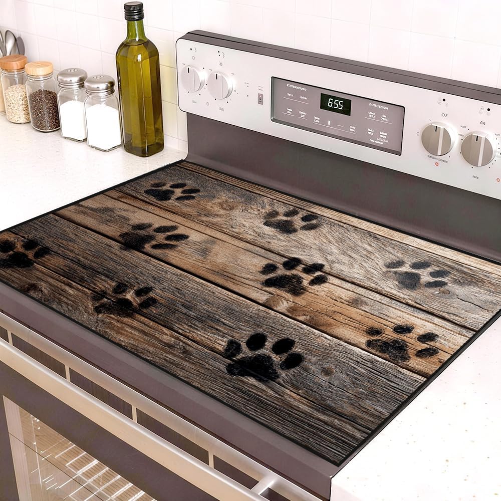 Stove Top Covers for Electric Stove Kitchen Stove Top Cover Paw Print Wood Pattern Design for Kitchen Counter Decor 28.3x20.5 Inch