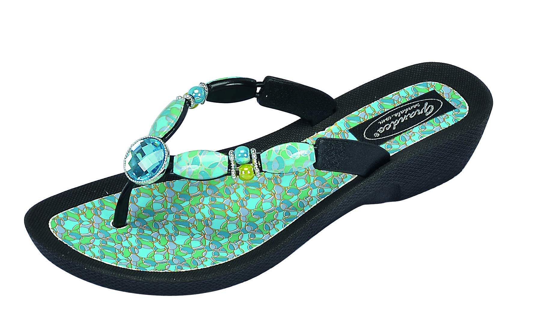Grandco Women’s Ocean V Thong Jeweled Slip-on Flat Beaded Flip-Flop Sandals (Black, numeric_7)