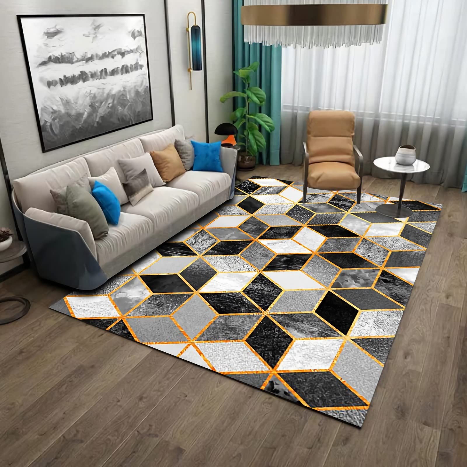 Alfombra alfombras de pie de Cama Alfombra niña habitacion Patrón de rombo geométrico Abstracto Amarillo Gris Negro Alfombra niños 80x120cm