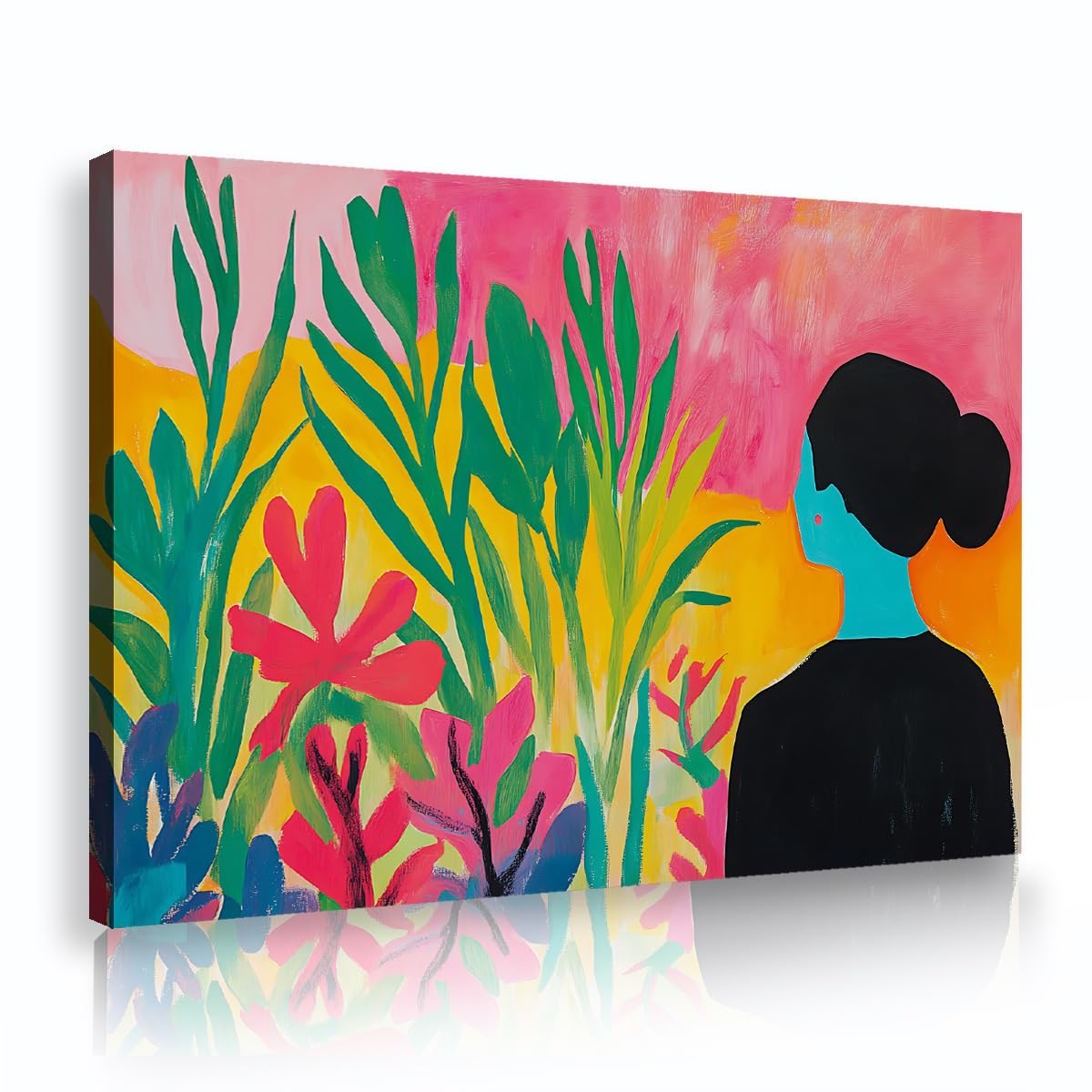 Via Vela Abstract Woman Figure Canvas Prints Framed Henri Matisse Style Colorful Botanical Garden Silhouette Artwork Vivid Pink Tropical Poster For Bedroom Above Bed 80x120cm