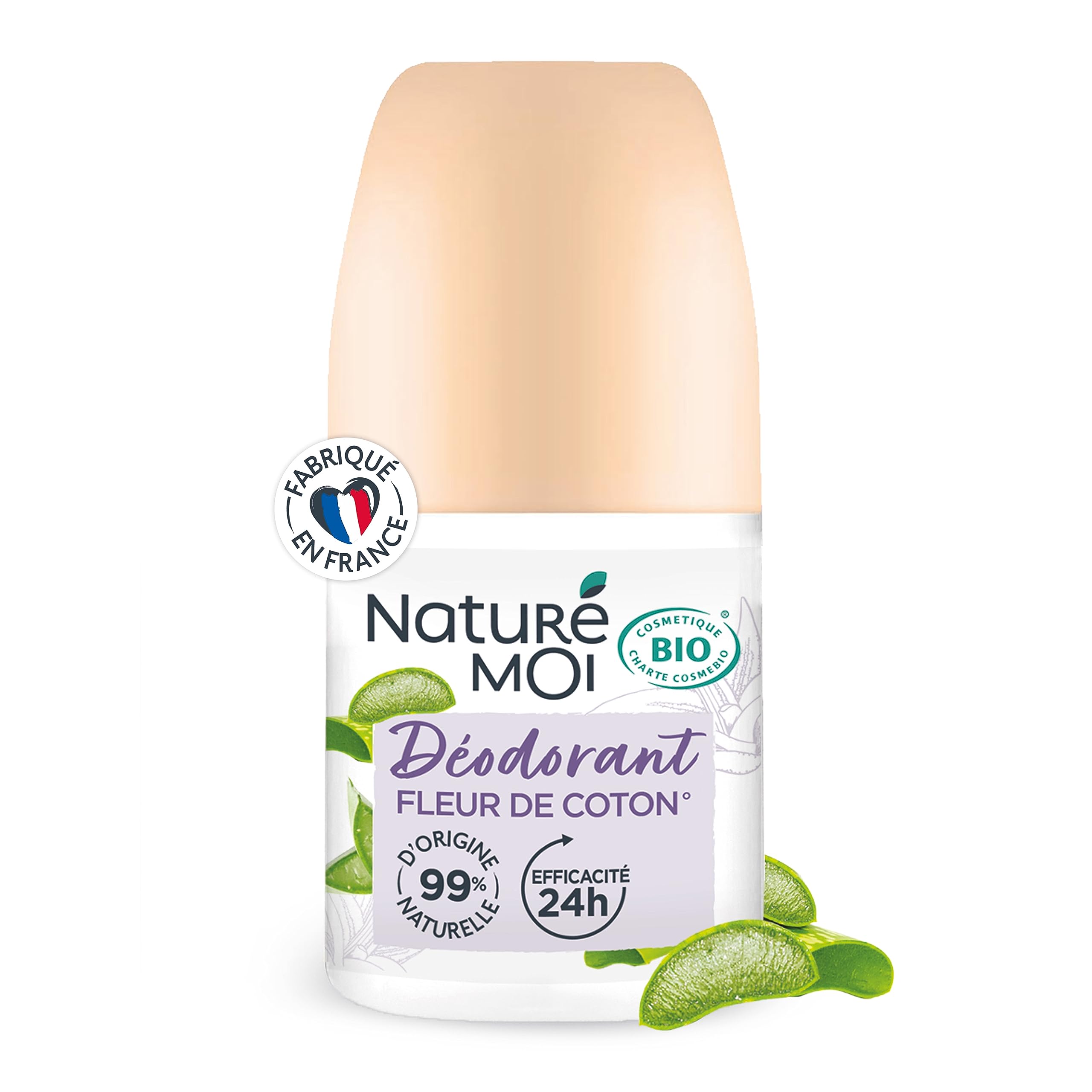 Naturé Moi - Déodorant roll-​on - Efficacité 24h - Déodorant femme à l'Aloe Vera Bio et au Magnésium - Parfum Fleur de Coton - 99% d'Origine Naturelle - 50 ml - Fabriqué en France