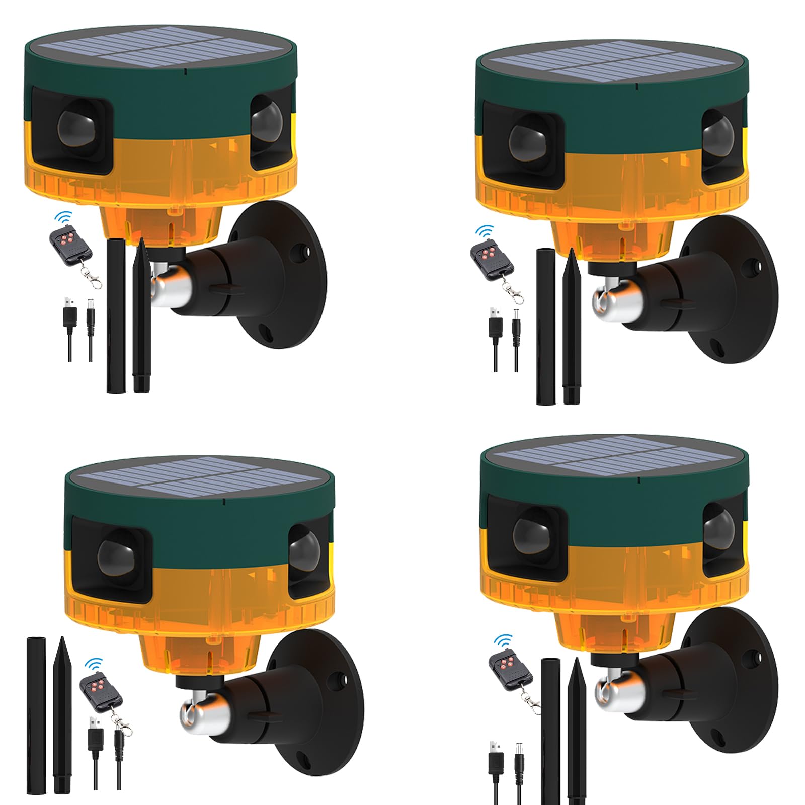 ROYELLE Sensor de Movimiento Solar para Exteriores, 4 Amarillos | IP65,130 dB de ruido, 13 sonidos y grabación soportada,Con cable USB, con mando a distancia para , villa, jardín, gallinero