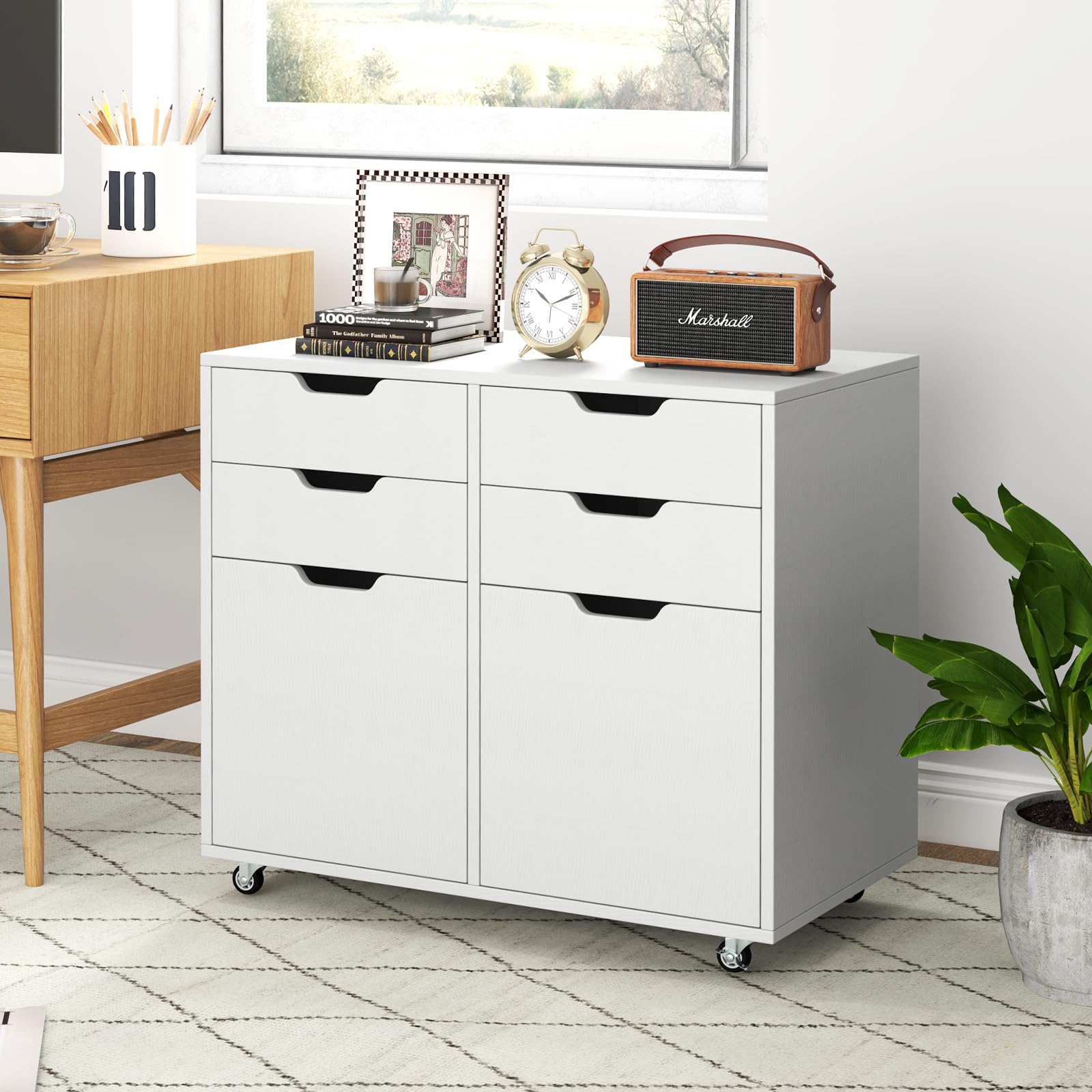 KOMFOTTEU Raccoglitore mobile con 5 ruote, cassettiera con 4 cassetti e 2 armadi con porte, supporto per stampante in legno, mobile di stoccaggio per ufficio, soggiorno