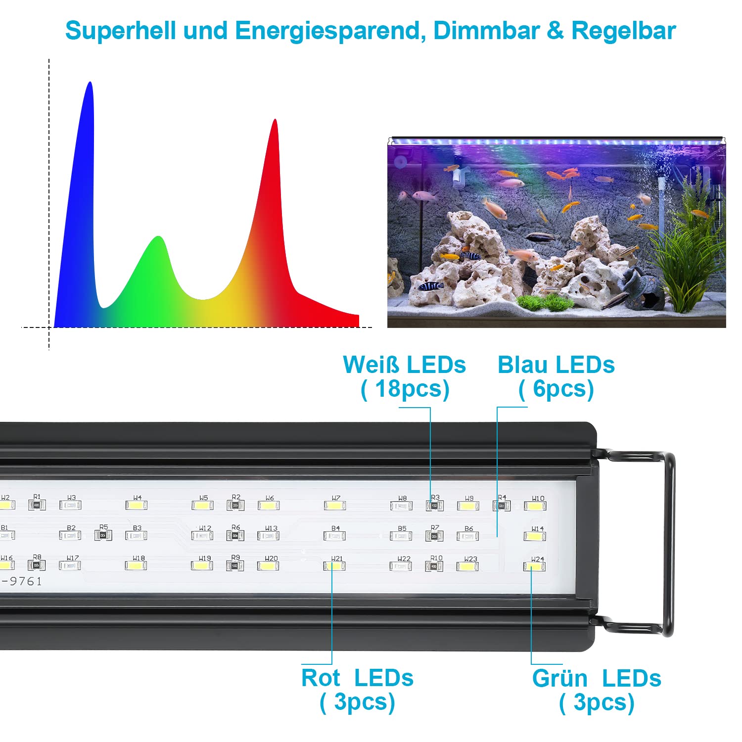 Eclairage d'aquarium LED RVB, 10W, minuterie réglable, luminosité réglable, support extensible pour aquariums 30-45cm