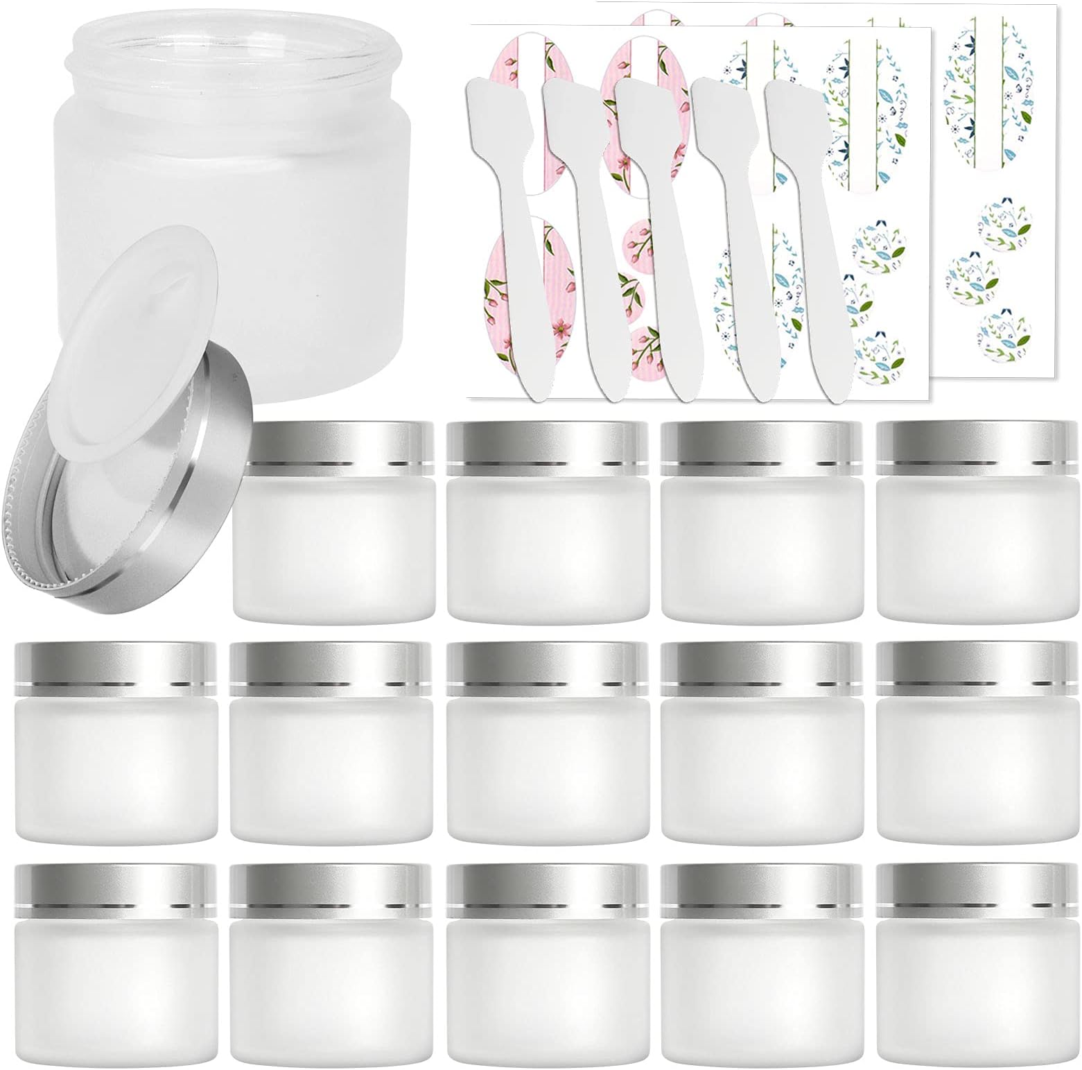 15 Pack, 2 oz 60ml Frosted Glass Jars with Silver Lids & Inner Liners, Empty Matte Clear Round Refillable Cosmetic Containers Travel Jars for Cosmetics,Body Butter,Scrubs,Face Cream Lotion and More