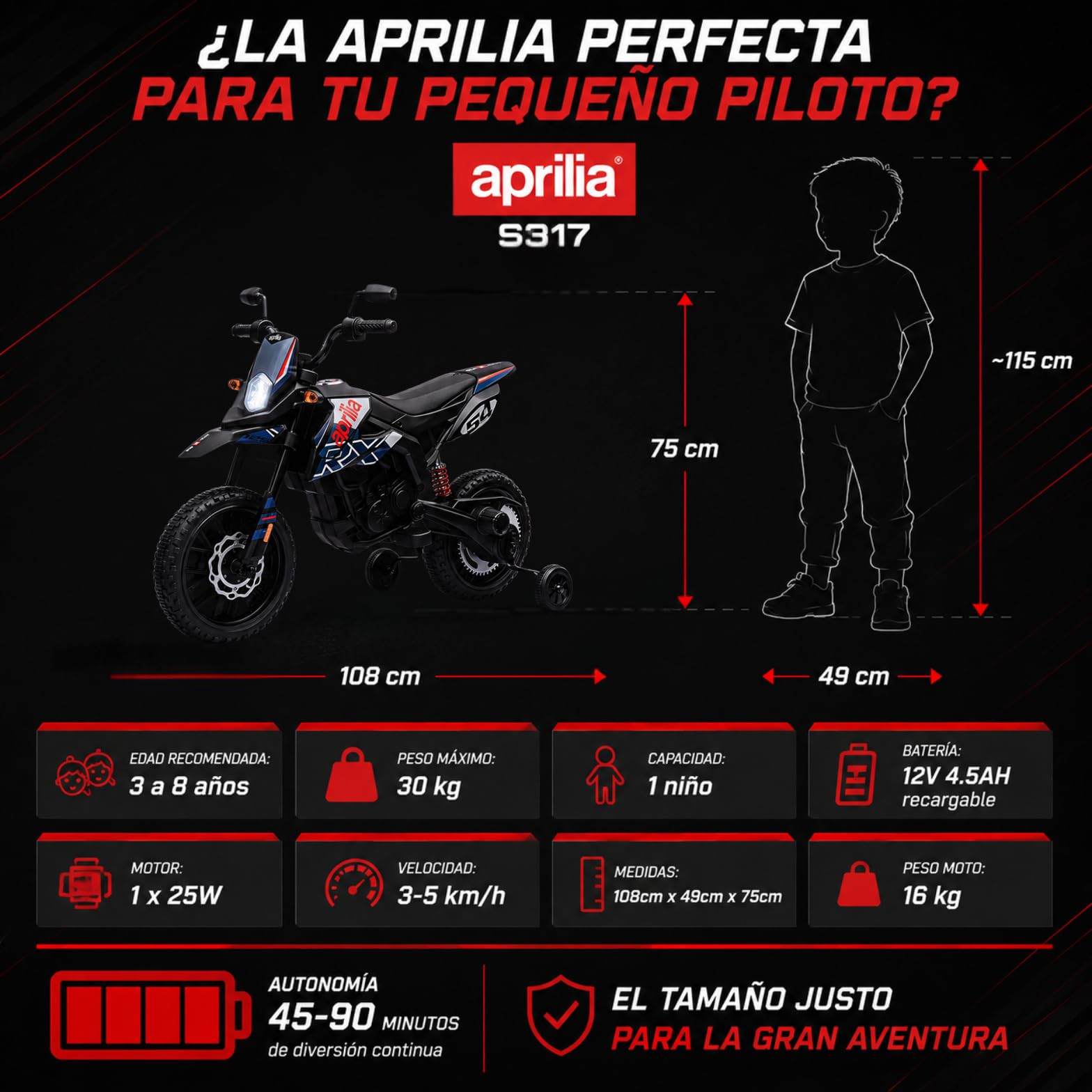 Moto elettrica per bambini 12 V Aprilia RX 125 Cross a batteria per bambini blu con sospensione posteriore luci LED e musica