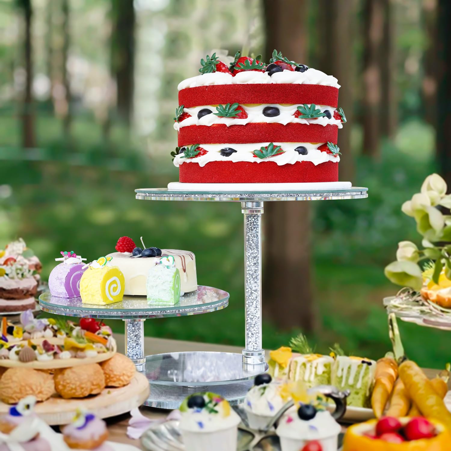 kanpura Soporte de cristal para 15 cupcakes, torre de 2 niveles, bandeja escalonada con base giratoria, soporte de postre para cumpleaños, graduación, baby shower, fiesta de té