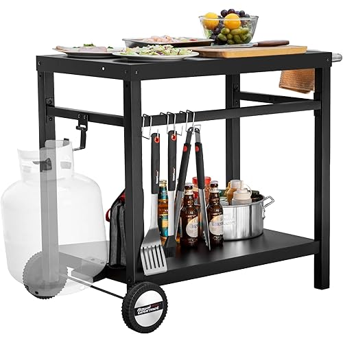Royal Gourmet Dining Cart Table with Double-Shelf, Movable Stainless Steel Flattop Grill Cart, Hooks, Side Handle, Multifunctional PC3401B (Black)