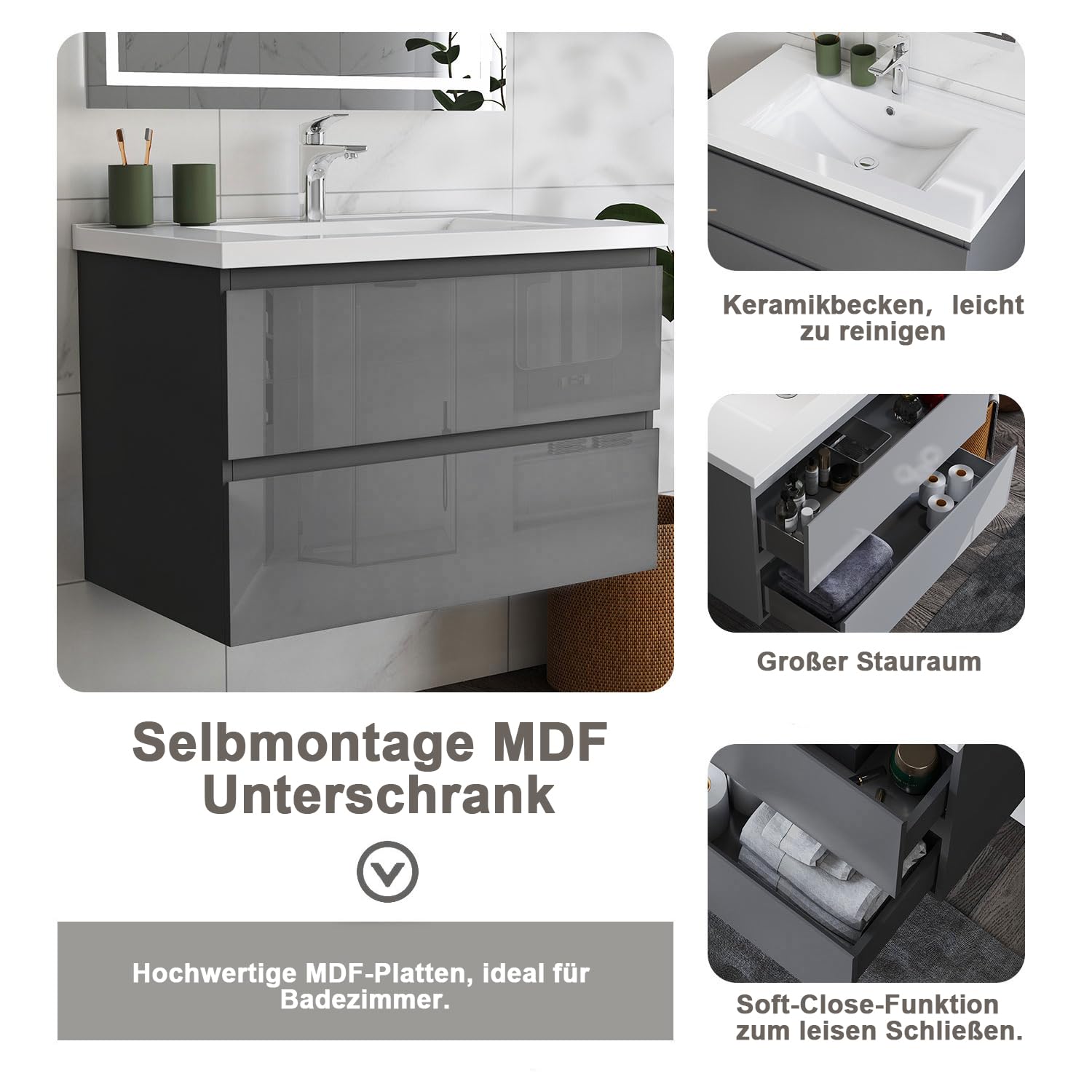 Aica Sanitär Waschtisch mit Unterschrank 80cm Alast Badmöbel Set Hochglanz Anthrazit Keramik Waschbecken mit Unterschrank MDF Softclose