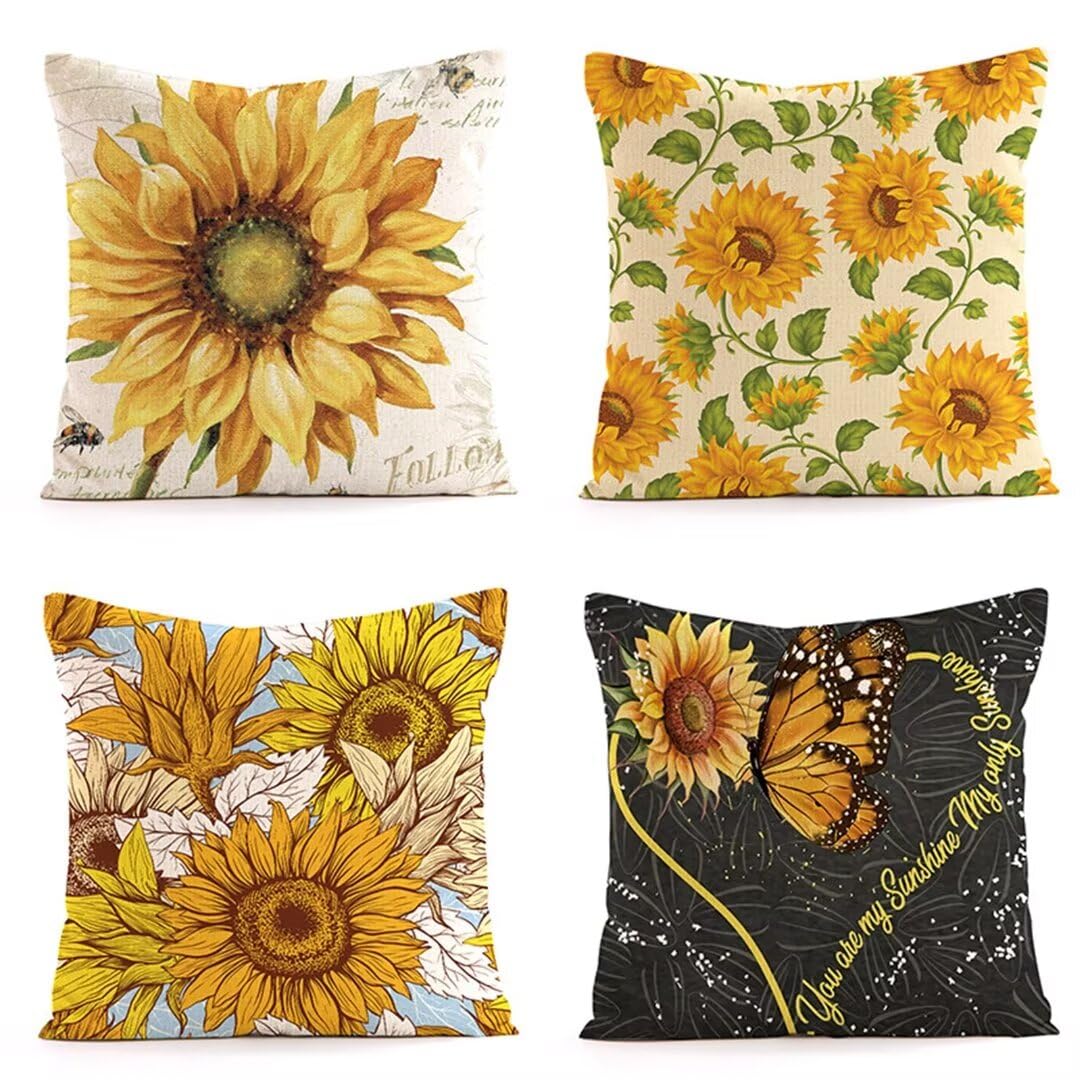 Housses de coussins en lin 50x50 cm lot de 4 avec motif tournesol et zip invisible