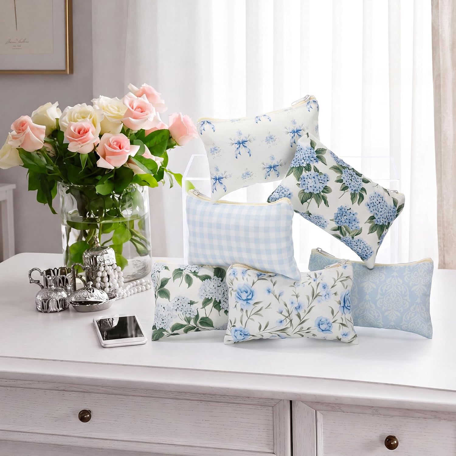 12 Pcs Hydrangea Bow Canvas Tote Bag Bulk for Women Blue Makeup Bags image 3