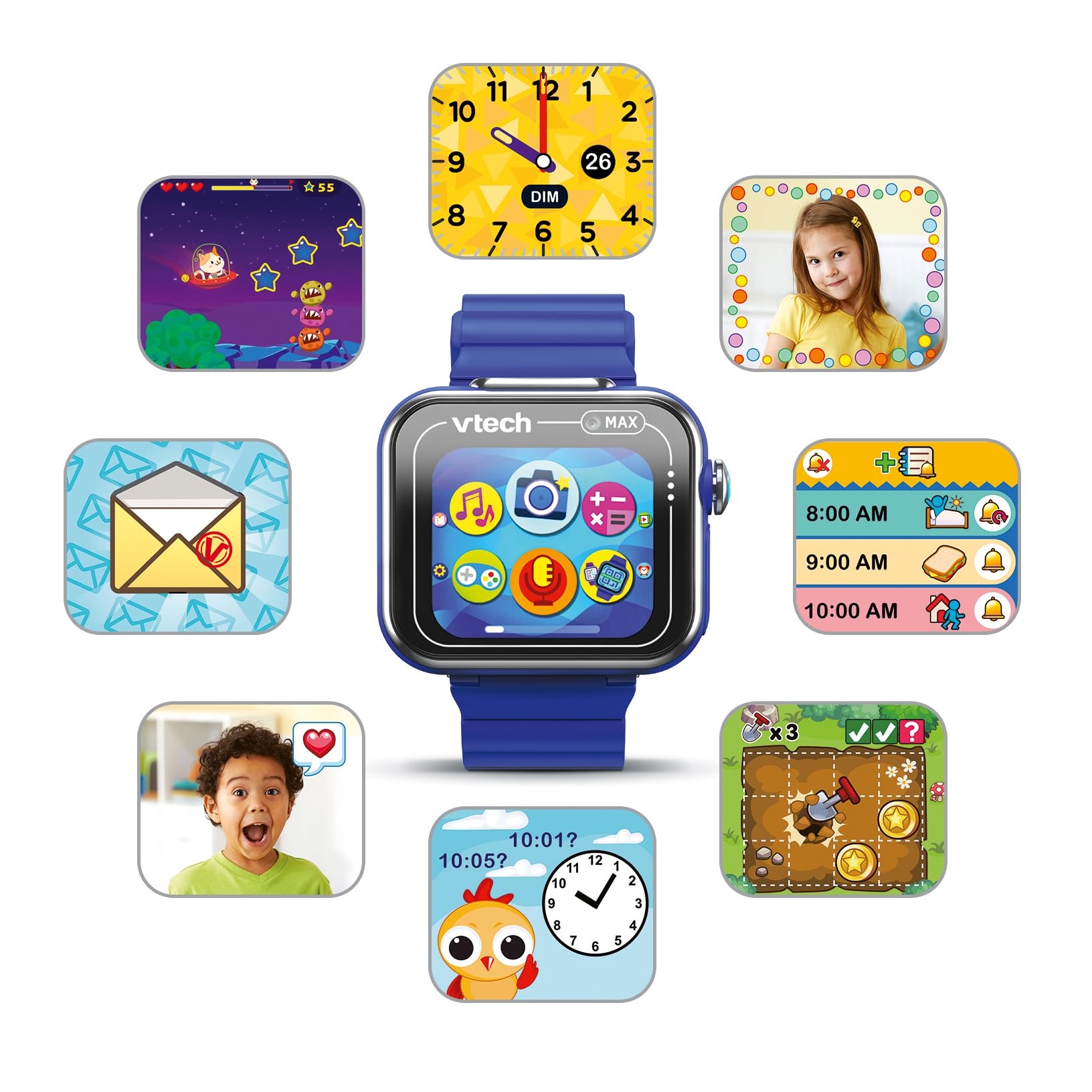 VTech - Kidizoom Smartwatch MAX Azul, Reloj Inteligente para niños, Doble cámara de Fotos, vídeos, Juegos, Pantalla táctil Horizontal, Versión ESP