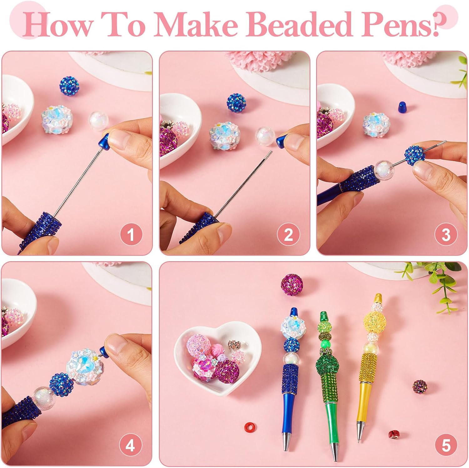 Beadthoven 10pcs Diamond Beadable Pens, Bling Rhinestone Beaded Pens DIY Plastic Bead Pen Crystal Shaft Black Ink Ballpoint Pens for DIY Pens Decorations Supplies Gift Office School - Grass Green image 4