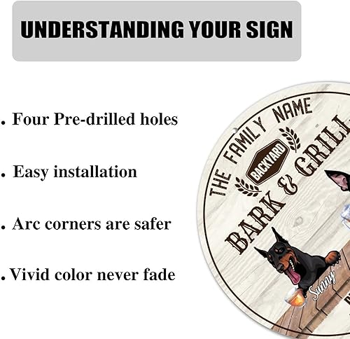 Miniatura 5 de Letrero redondo de metal para ladridos y parrilla, Doberman y perro toro francés, letrero de metal para cachorros, nombre de la familia, 12