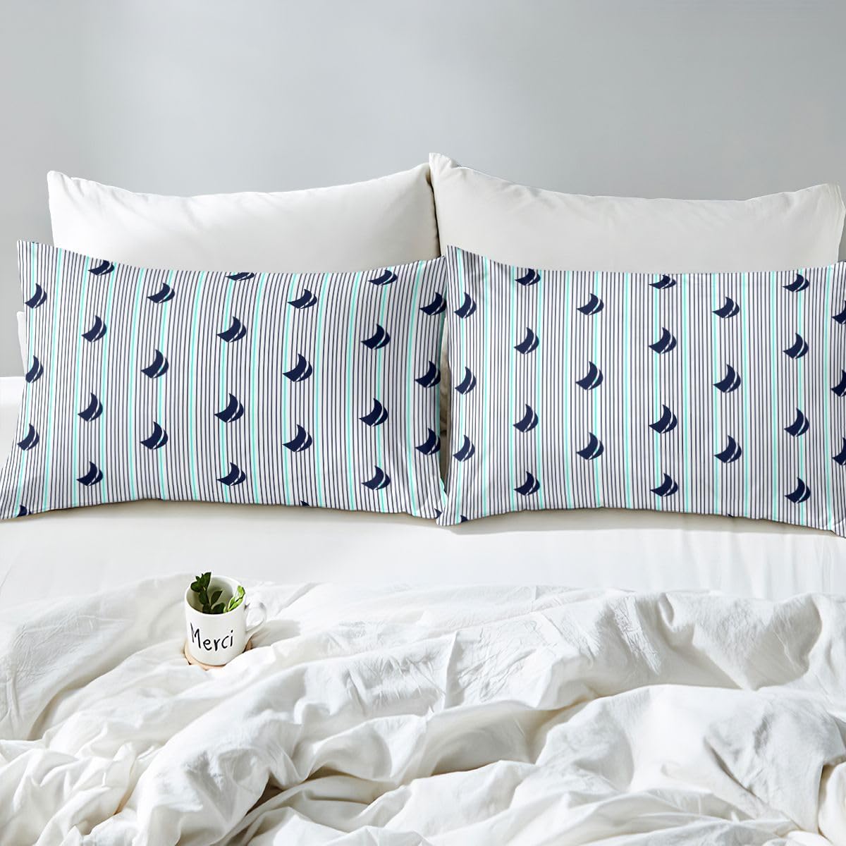 Feelyou Natural Bed Sheets Set King Size Southern Tide Sheet Set for Kids Boys Girls Decor Coastal Sheets with Deep Pocket Fitted Sheet Boat Strip Lines Grey Bedding Set Bedroom