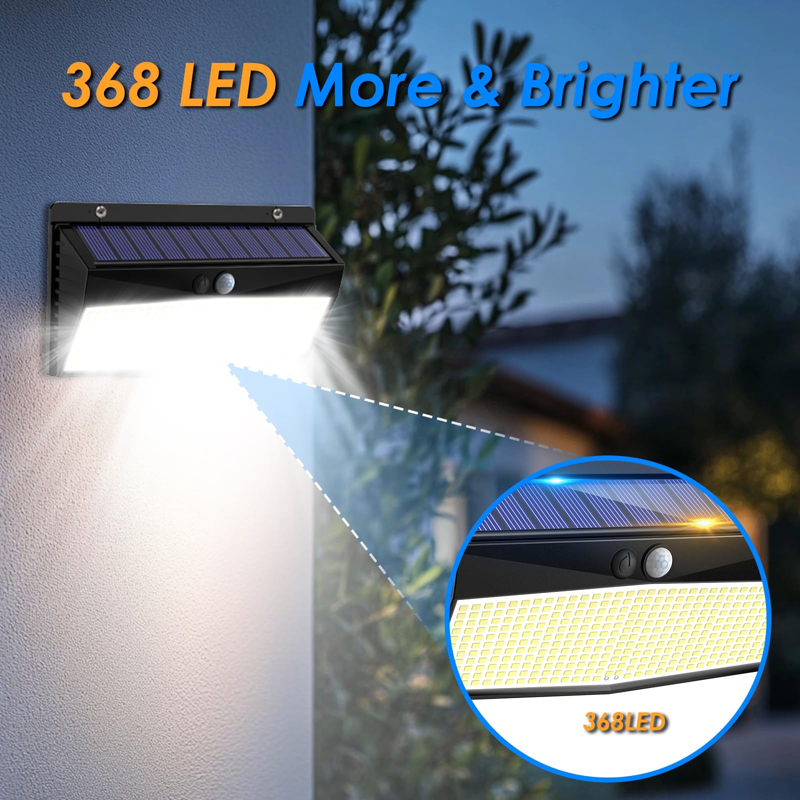 Peasur Luz Solar LED Exterior Jardin 368LED Luces Solares con Sensor de Movimiento, IP65 Impermeable Focos LED Exterior Solares, Superbrillante Lamparas Solares-2 Paquete