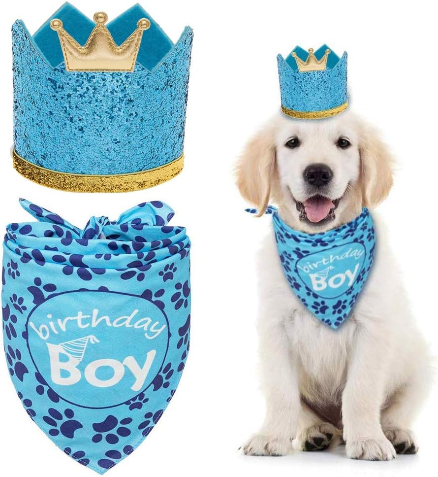 Dog Birthday Bandana with Crown Hat - Triangle Scarfs and Cute Party Hat for Pets, Blue