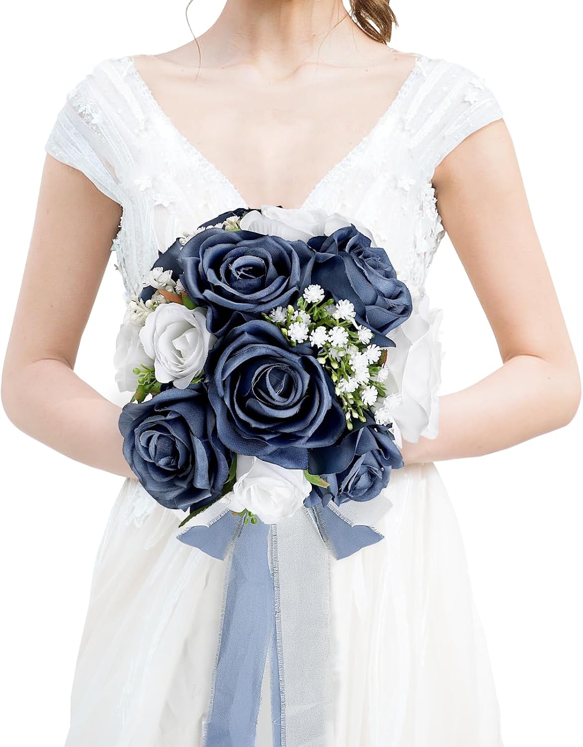 DIYDOFUN Wedding Bouquet for Bride - Premade Simple Artificial Roses Flowers for Bridal Shower Destination Ceremony Anniversary Decorations (Navy Blue & White)
