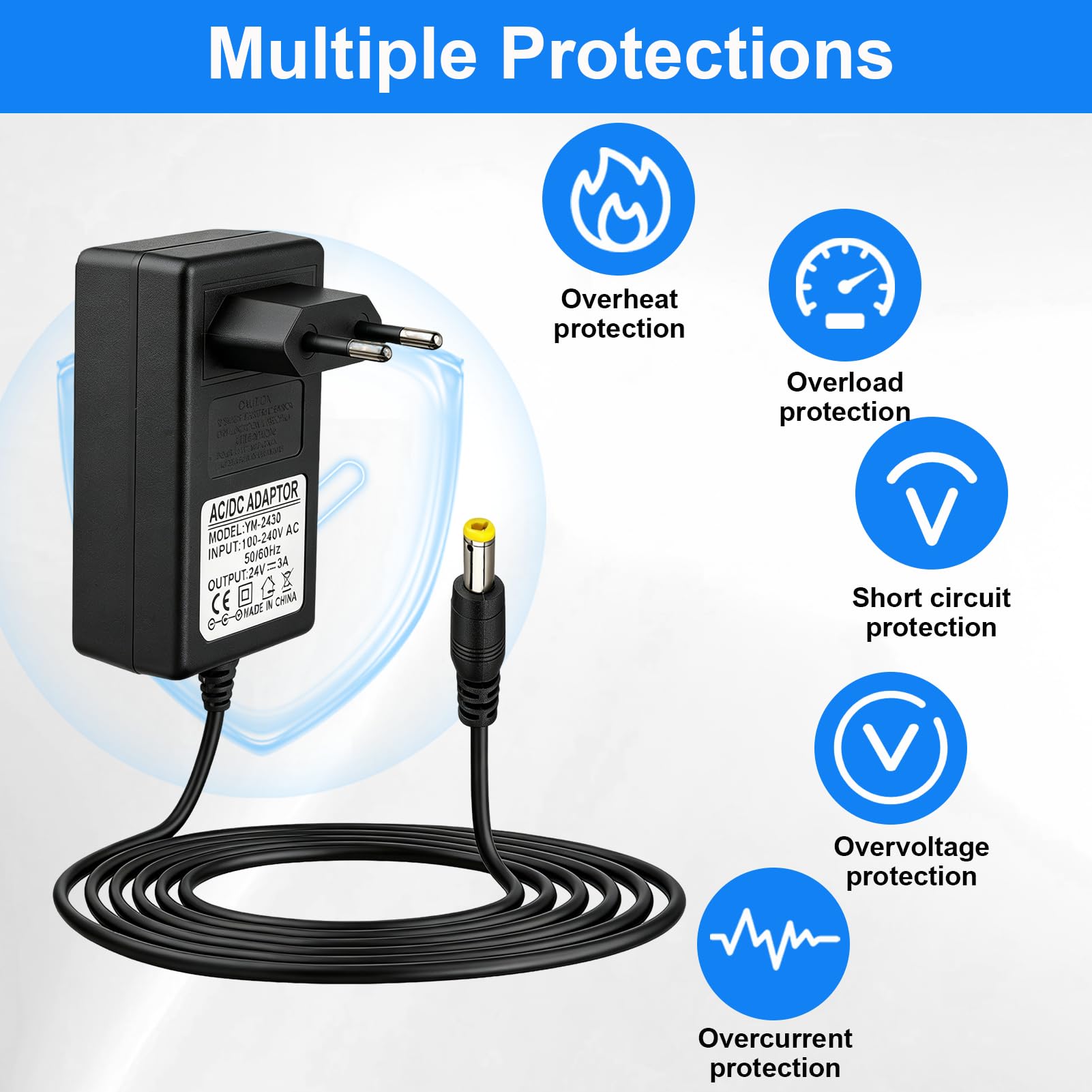 24V 3A Netzteil 72W Adapter, Steckernetzteil AC 100-240V auf DC 24V, LED Trafo Transformator mit 5.5x2.5mm Ausgang EU Stecker für LED Streifen, COB Strips, CCTV Kameras, Router, Schwarz