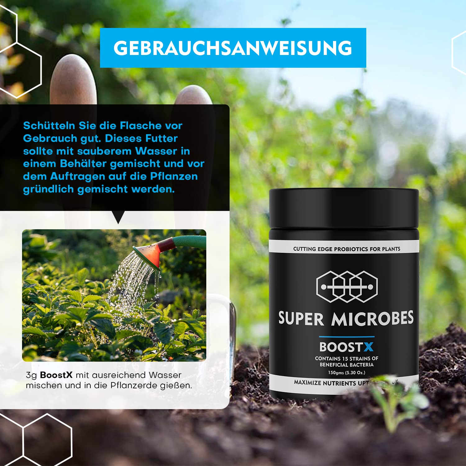 BoostX - Fertilizzante per piante verdi premium | Appositamente formulato per piante da fiore e in erba | Contiene 16 microbi benefici inclusi i batteri che fissano l'azoto 400g