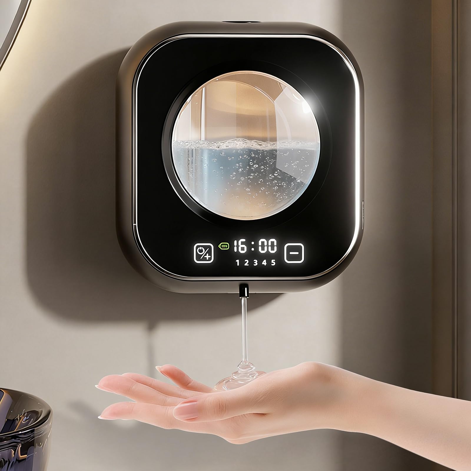 320ml Dispenser Sapone Automatico, 1500mAh Dosatore Sapone Schiuma da Parete 5 Livelli Regolabile Dispenser di Sapone, con Finestra Visiva, per Bagno, Cucina, Hotel ((Gel, Nero))