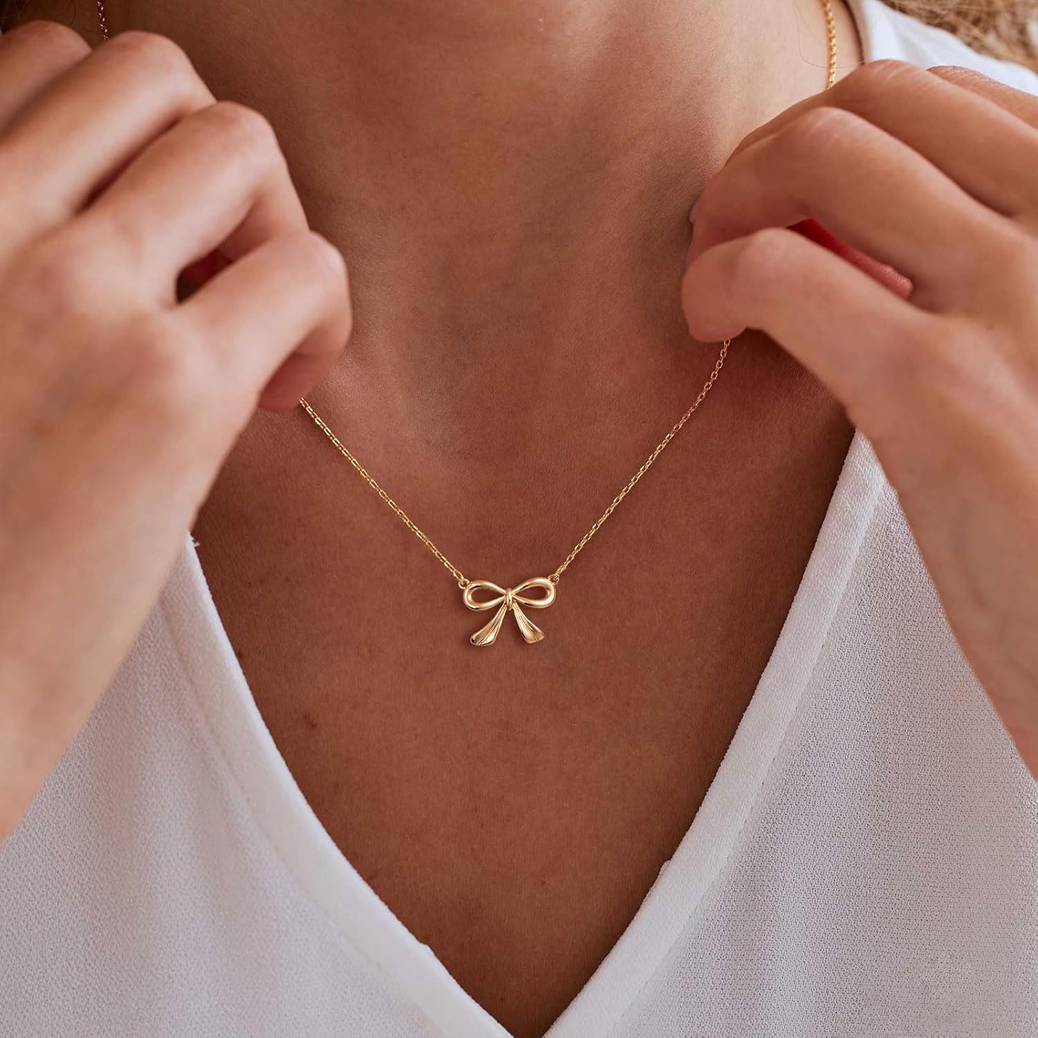 HANLI Gold Necklace for Women - Bow Necklace 14K Gold Plated Dainty Cubic Zirconia Bow Necklace Small Bow Necklace Trendy Necklaces for Women Minimalist Jewelry - Image 3