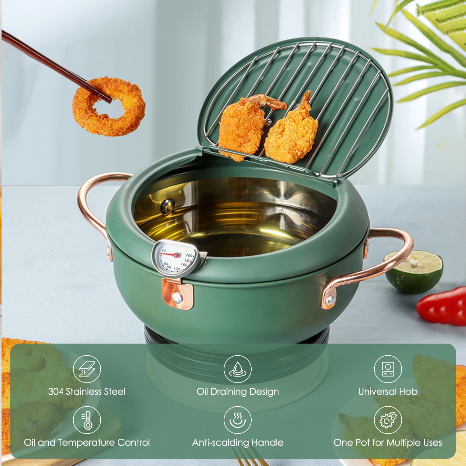 Pentola per Friggere in Acciaio Inossidabile, Friggitrice per Tempura con Termometro, Coperchio e Scolagocce per Olio, Padella non Rivestita in Stile Giapponese per Patatine Fritte, Pesce, Gamberi