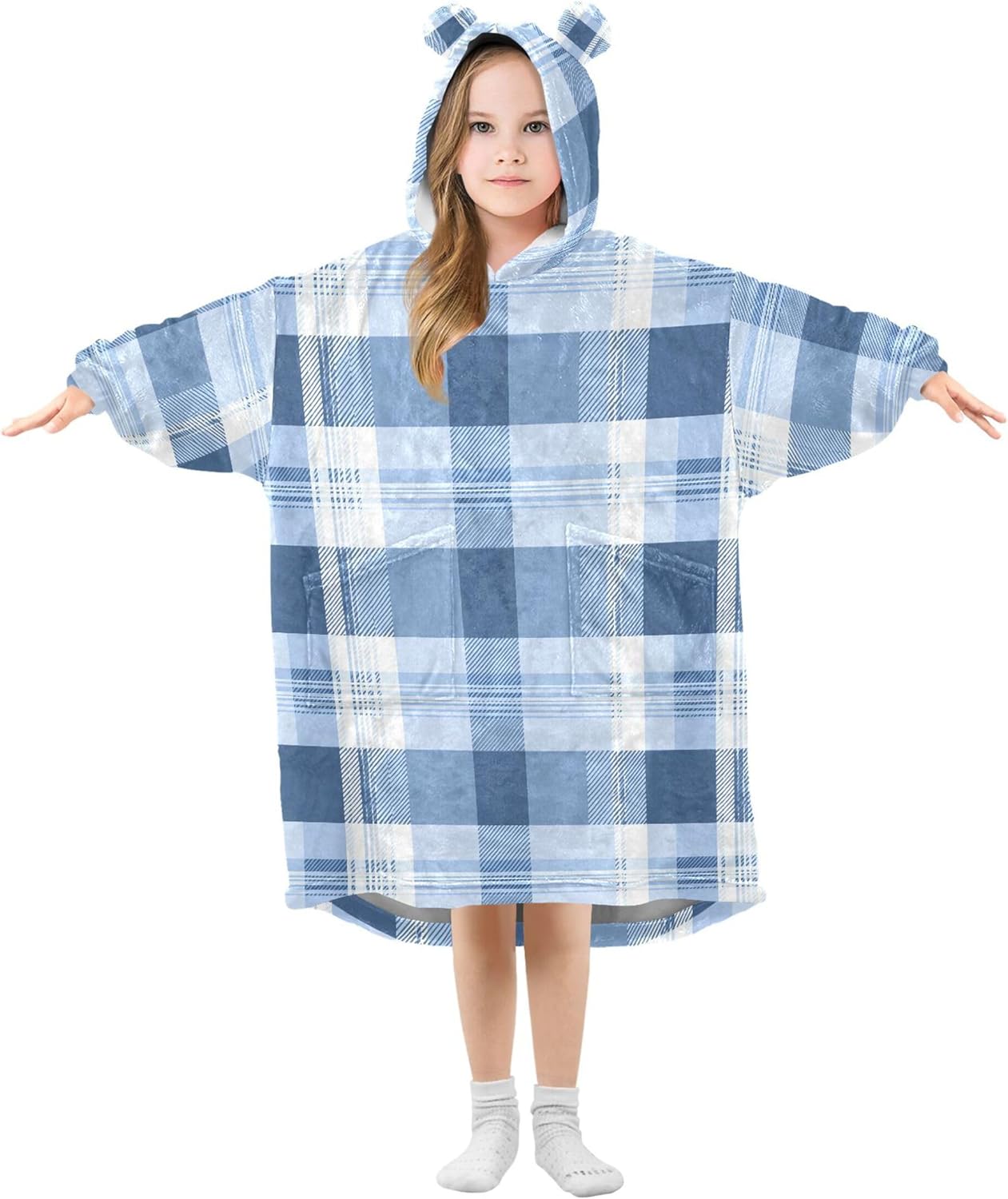 Blue Buffalo Check Plaid Kids Wearable Blanket Hoodie and Sleeves for Toddlers, Cute Hoodies Girls B0403946