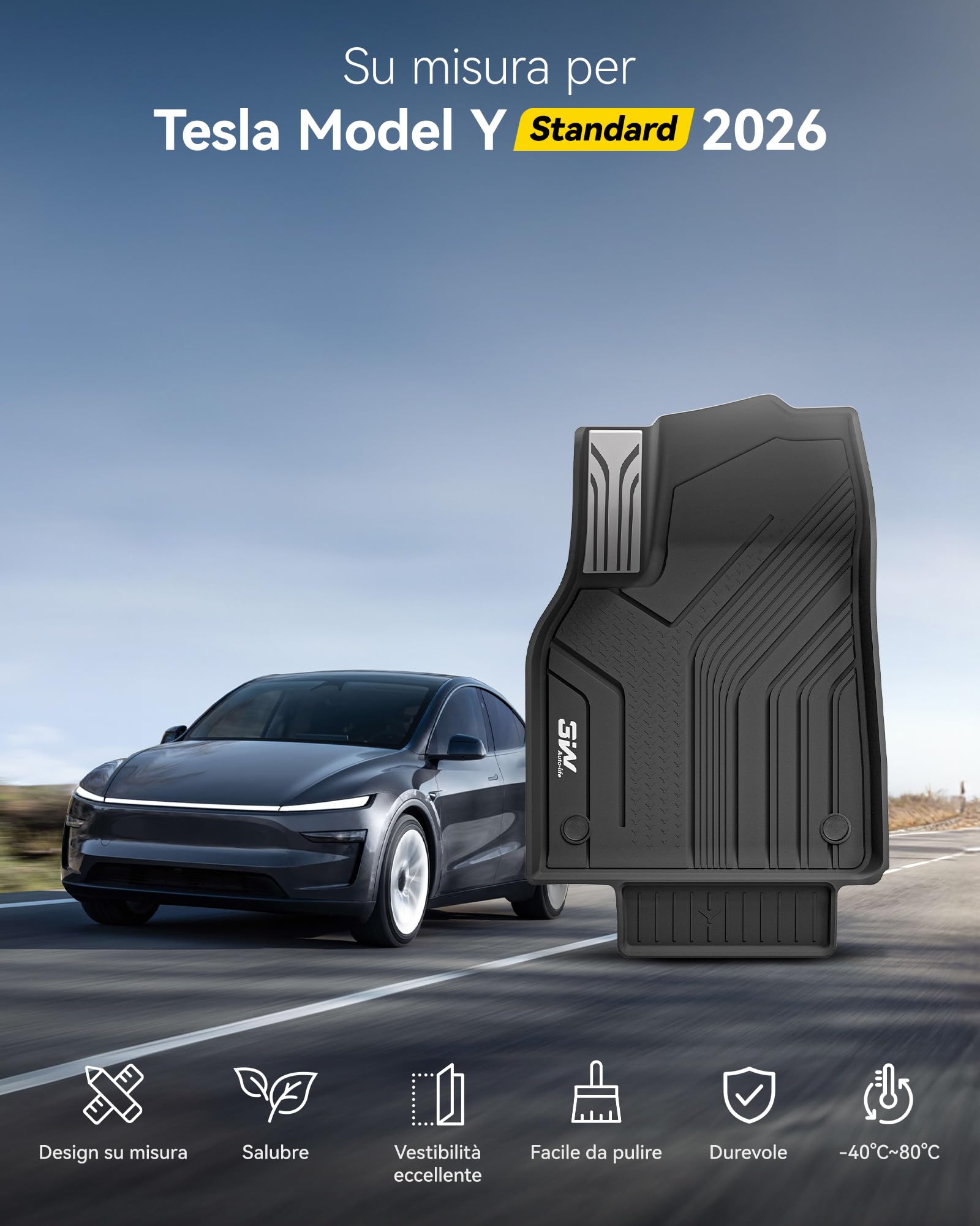 3W Tappetini per Tesla Model Y Standard 2026 Set Completo 6 Pezzi (Inclusa Vasca Baule), TPE Premium All-Weather, Tappetini su Misura Auto Antiscivolo e Resistente per Cani, Accessori