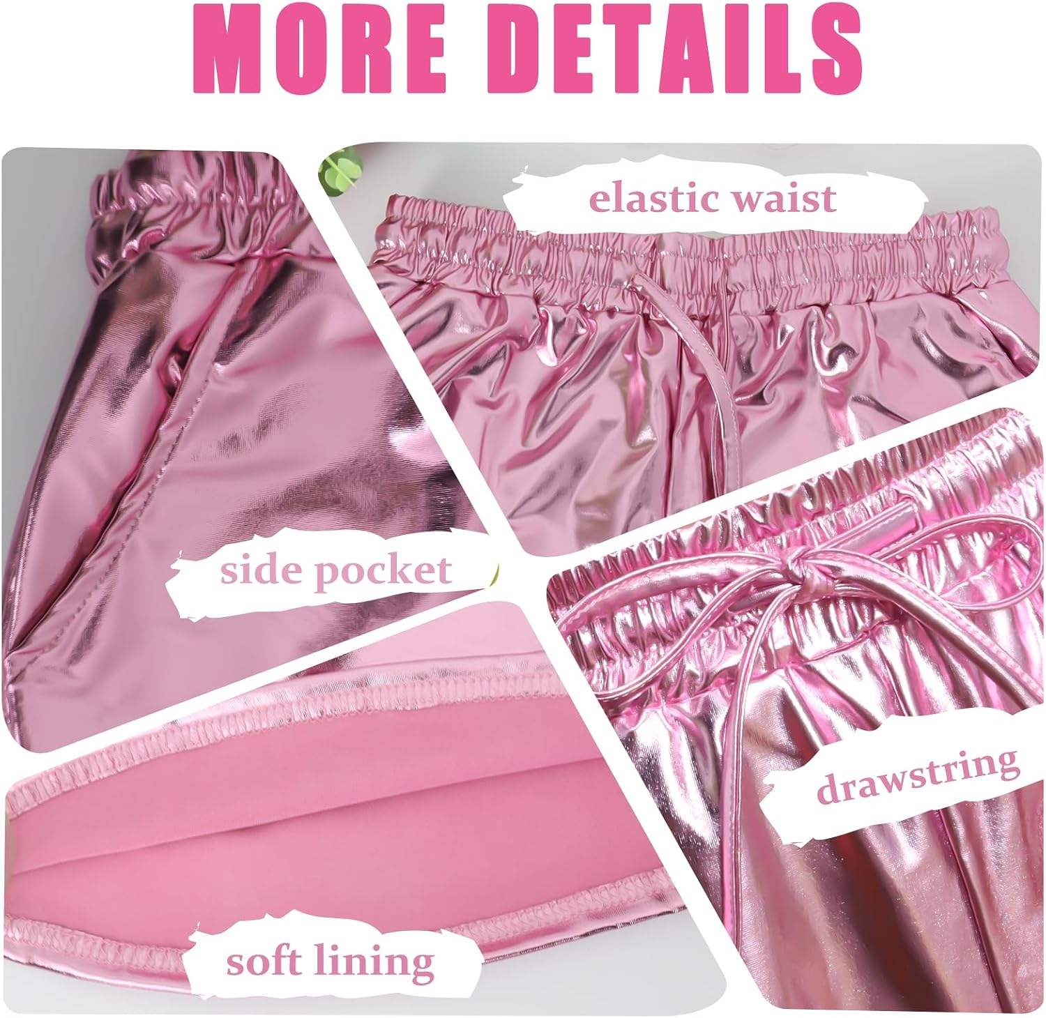 Pink Metallic Shorts and Heart Eyeglasses for Women Shiny Rave Shorts Elastic Drawstring Outfit for Dance Festival Party Yoga Work Out Costume