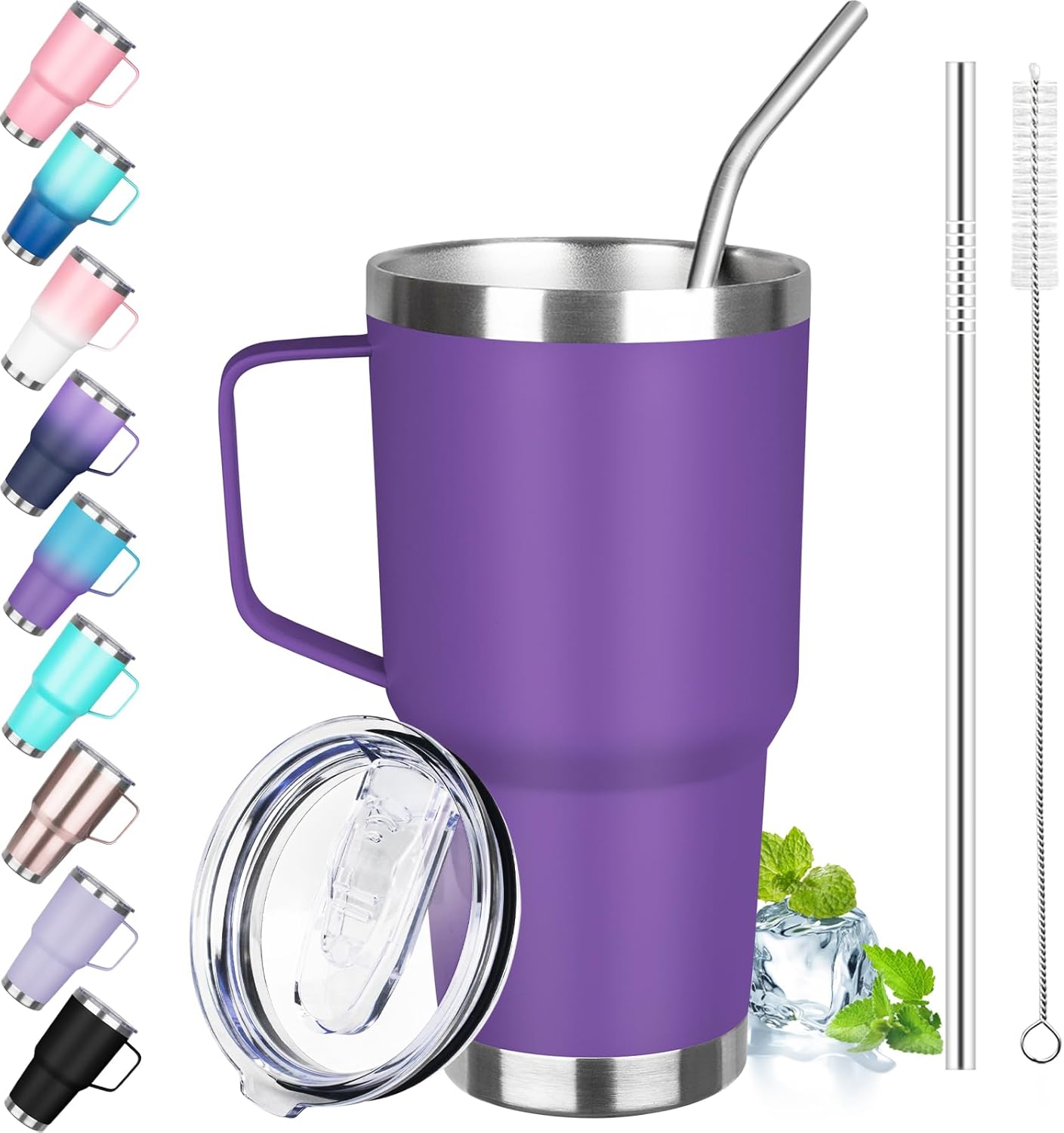 30 oz Stainless Steel Insulated Tumbler with Handle, Lid and Straw, Double Wall Vacuum Insulated Coffee Mug, Insulated Coffee Thermal Cup for Cold and Hot (Purple)