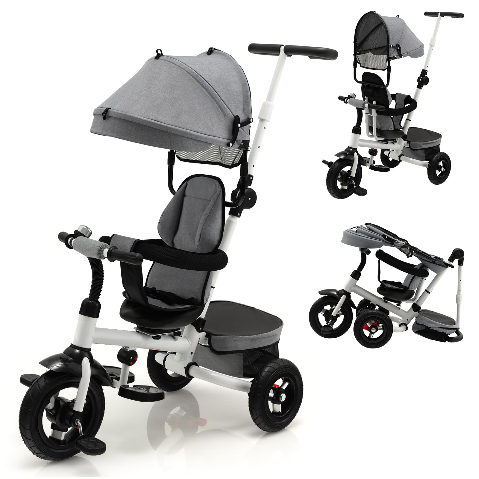 COSTWAY Triciclo Bebé Plegable 4 en 1, Bicicleta para Niños con Asiento Reversible, Toldo Ajustable y Manija de Empuje, Reposapiés Plegable, Triciclo de Empuje para Niños de 12 a 60 Meses (Gris)