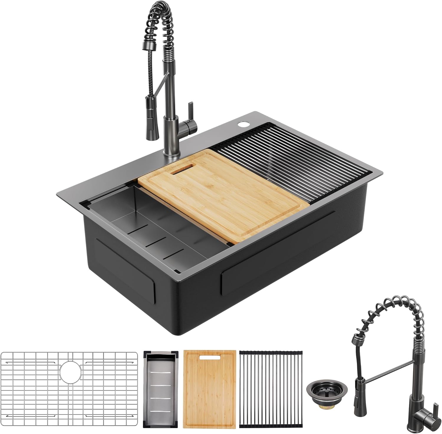 Gunmetal Black Stainless Steel 32 in. 18G Single Bowl Dual Mount Workstation Kitchen Sink with Black Spring Neck Faucet